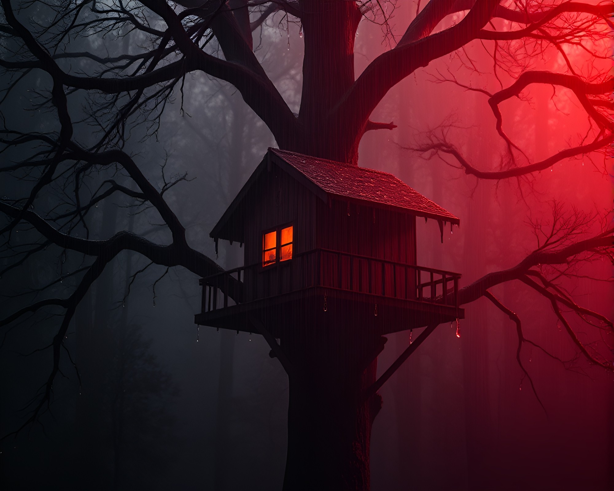 Enchanted Treehouse Enshrouded in Dew Drops – free AI stock image