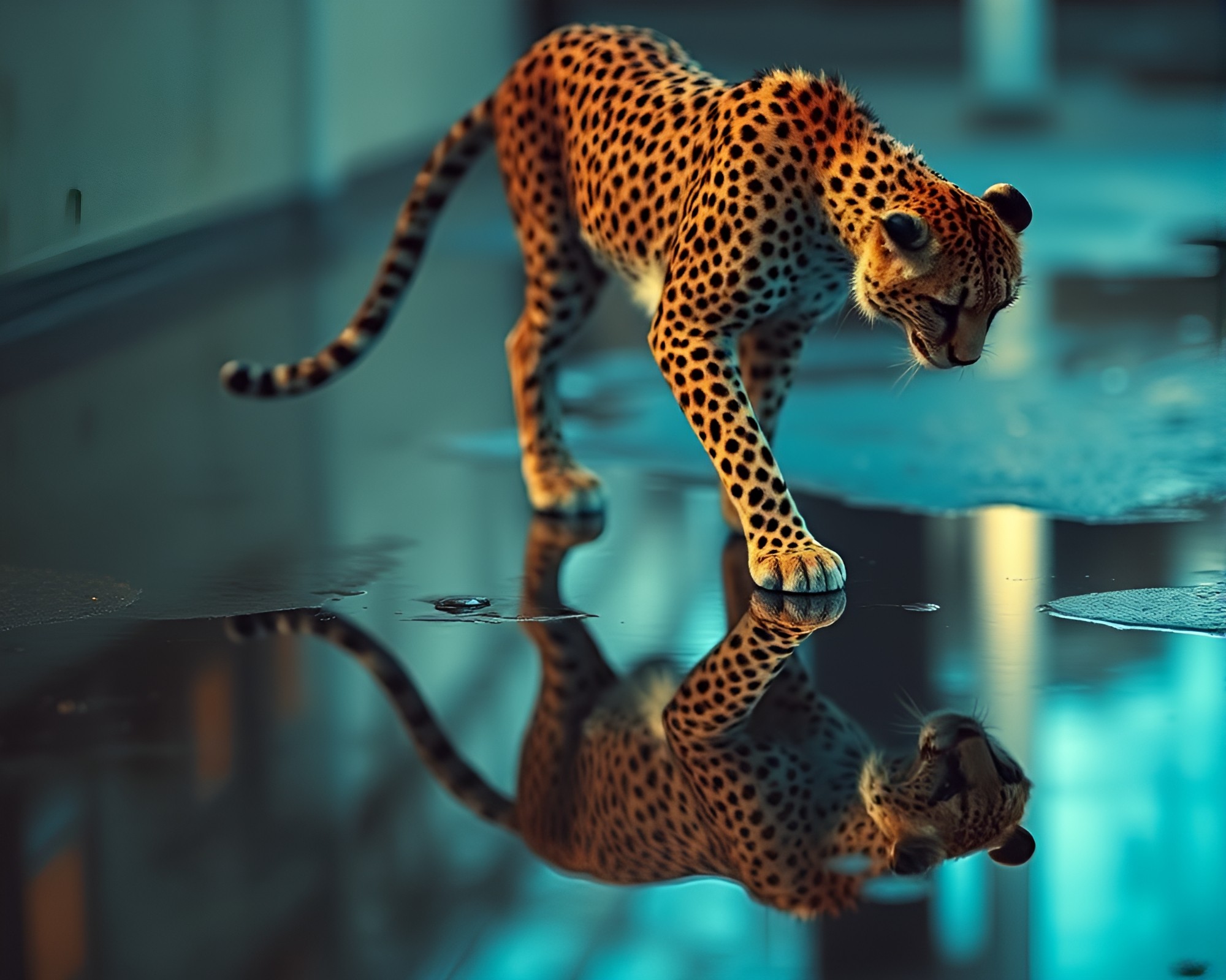 Cheetah Reflection in Puddle: Retro 3D Scan Art – free AI stock image