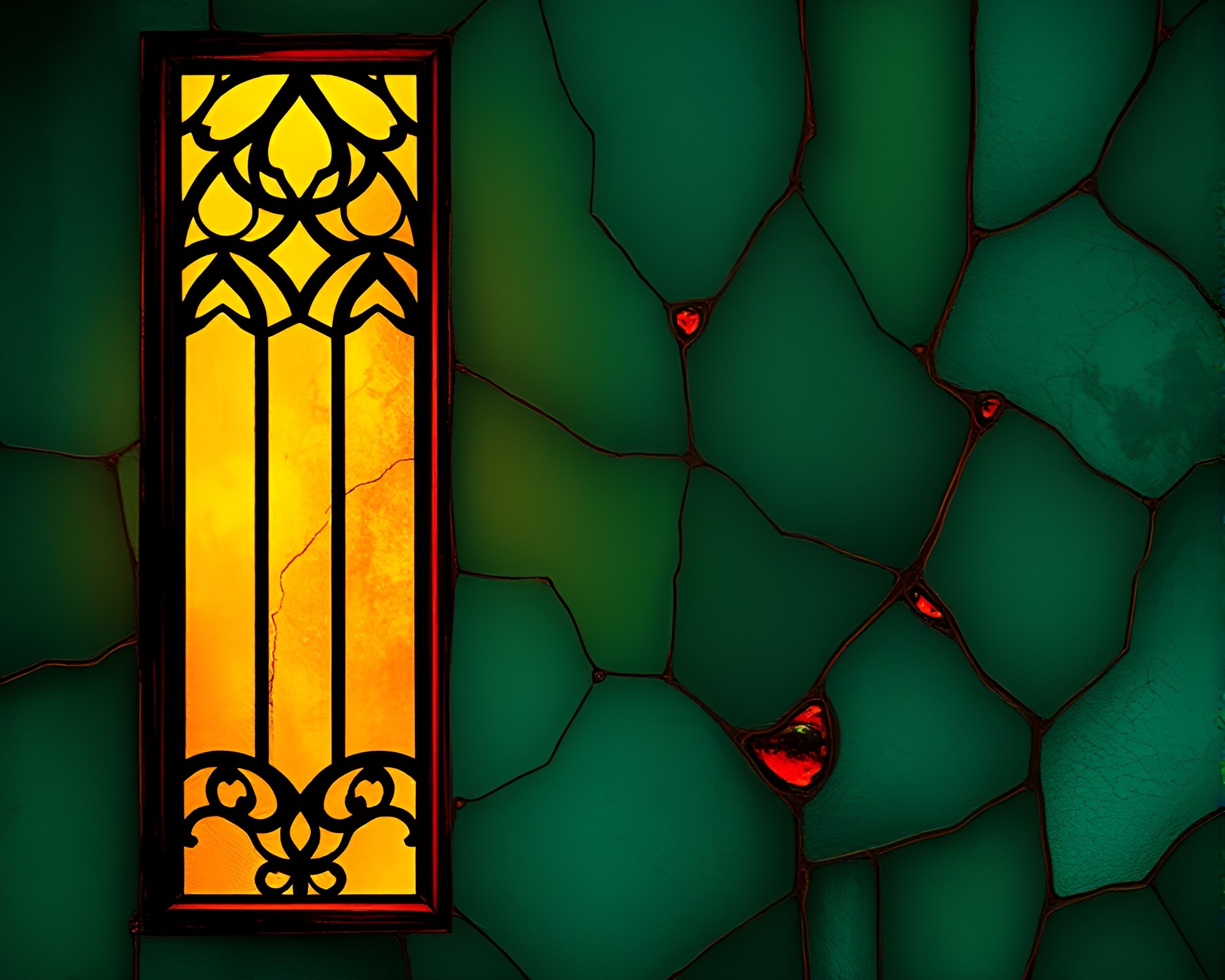 Enchanted copper verdigris stained-glass scene – free AI stock image