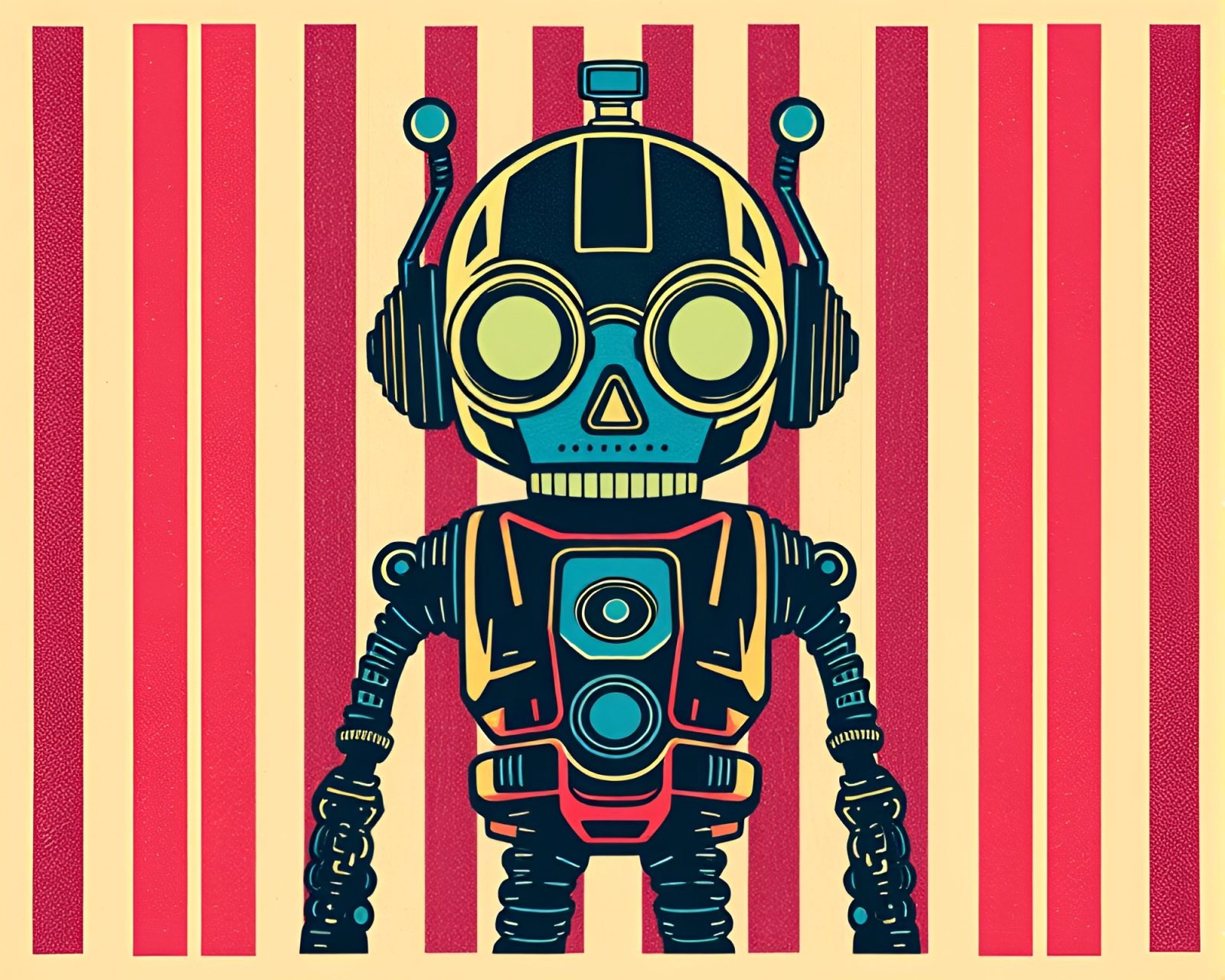 Striped pattern steampunk robot in neon lighting woodcut