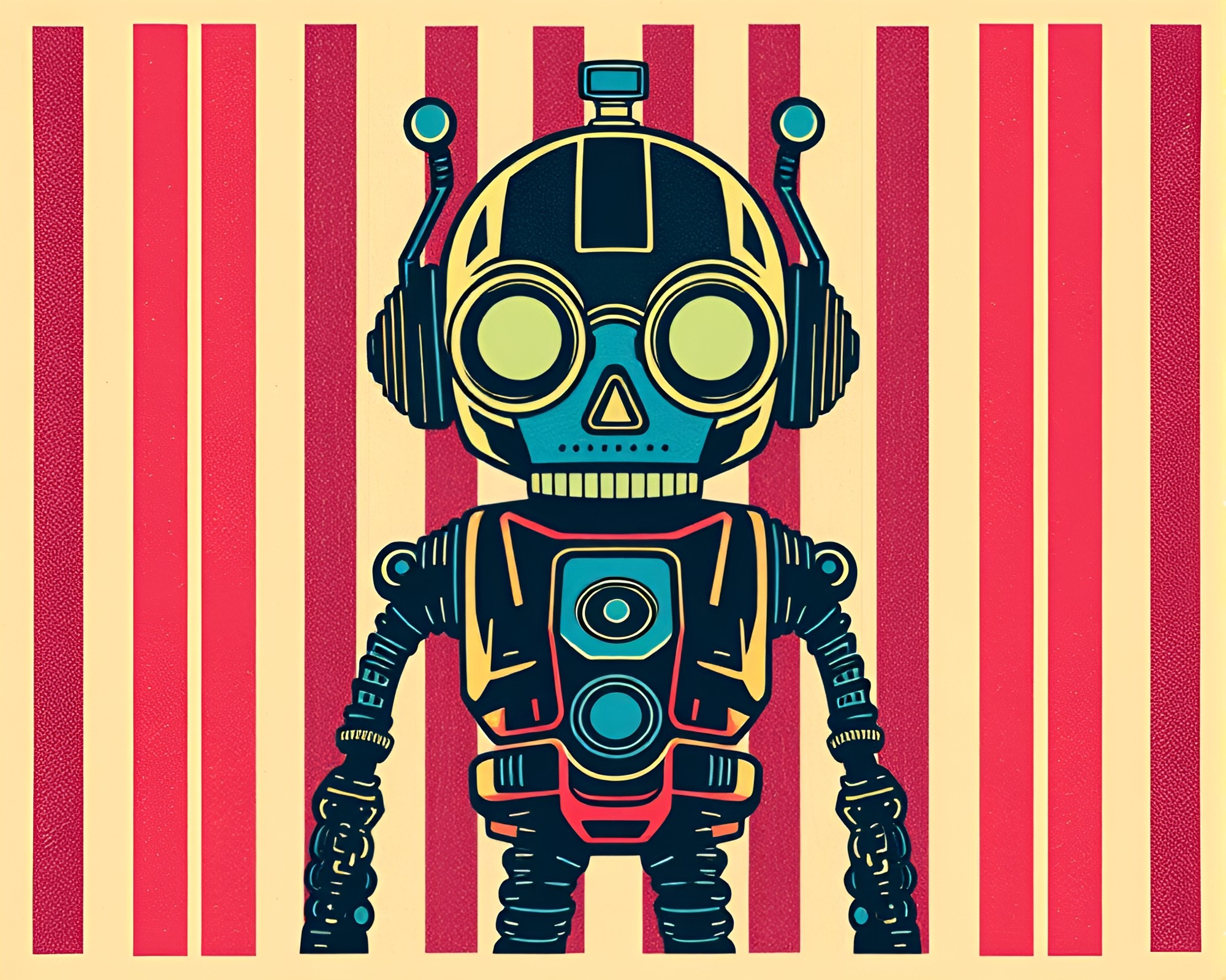 Steampunk Robot in Neon Woodcut Print – free AI stock image