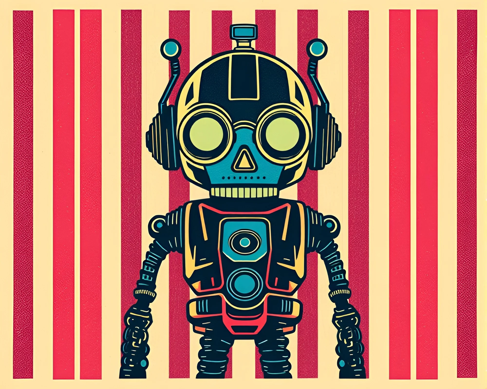 Steampunk Robot in Neon Woodcut Print