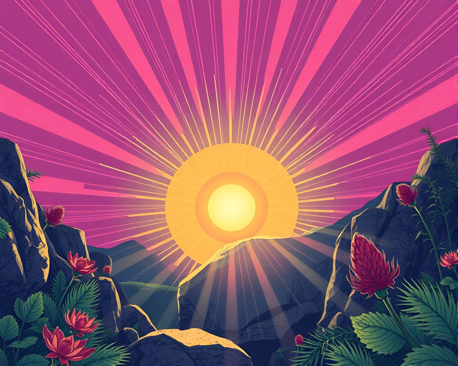 Mystical stone with glowing runes surrounded by botanical sunburst