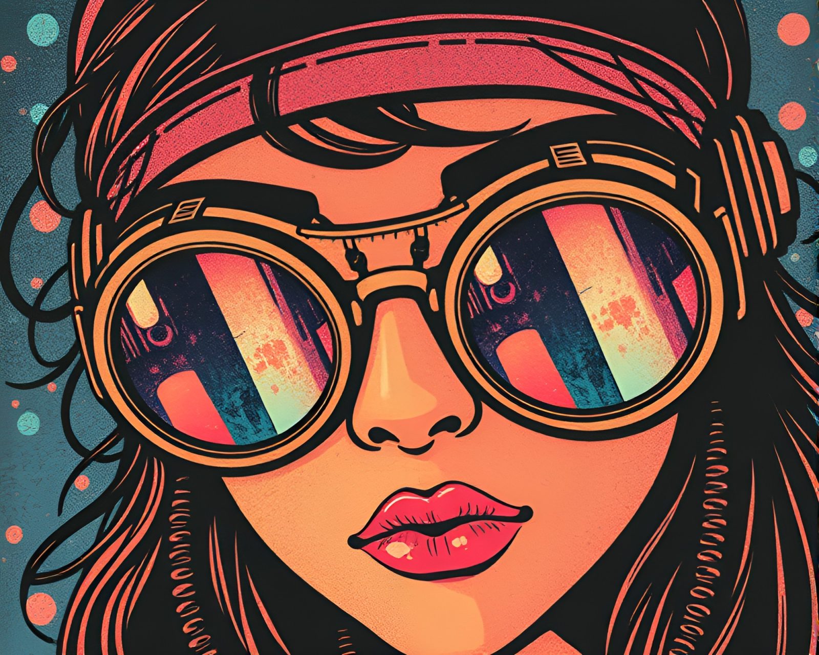 Woodblock print marks with steampunk goggles in shimmering hues
