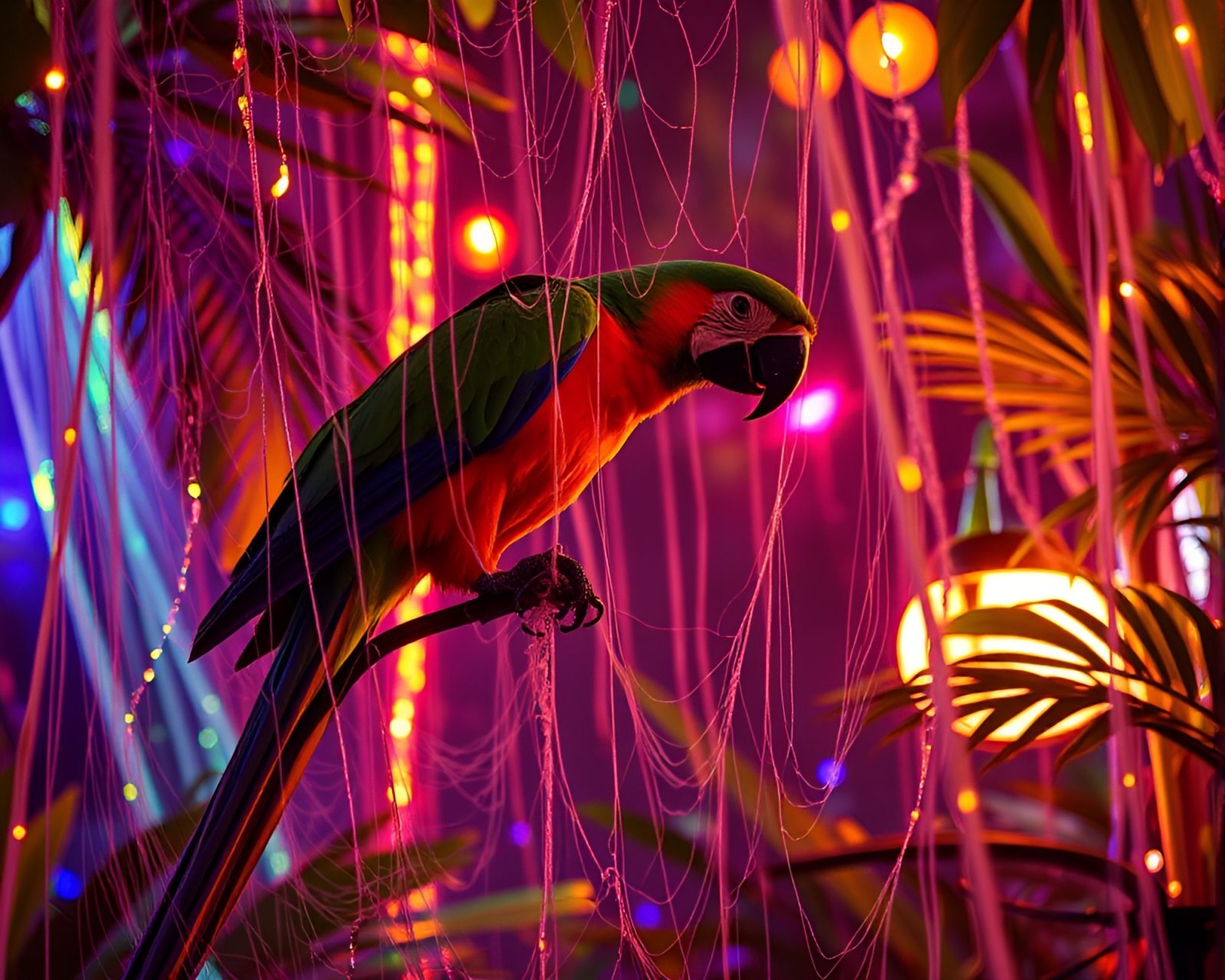 Vibrant parrot surrounded by glowing opera-house lights in retro-futurist setting