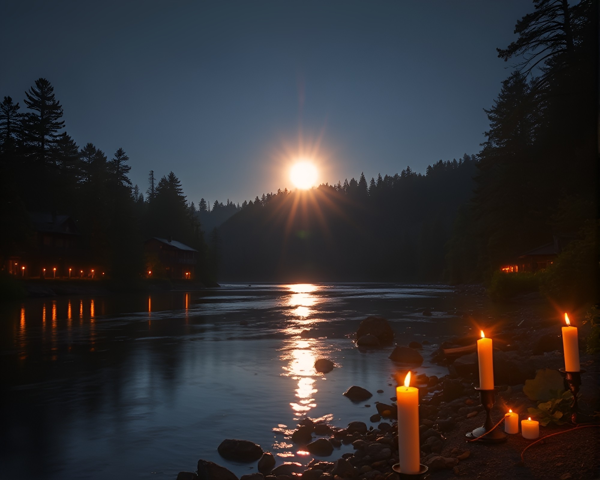 Savage River Candlelit Sunburst Composition – free AI stock image