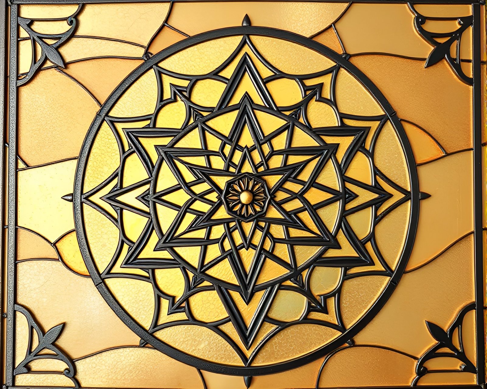 Intricate sacred geometry design in stained glass desert colors