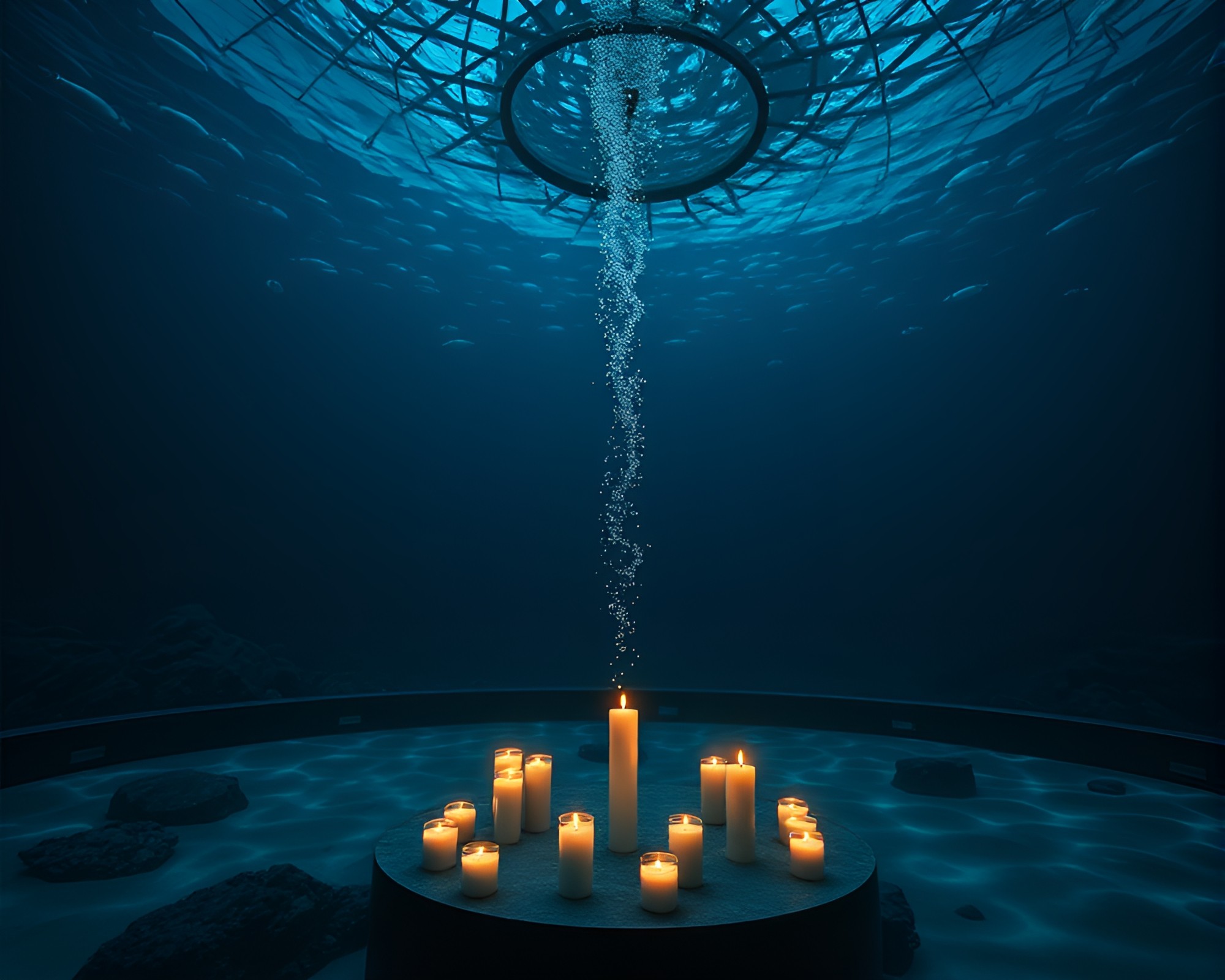 Enigmatic Underwater Dome with Candlelit Calligraphy – free AI stock image