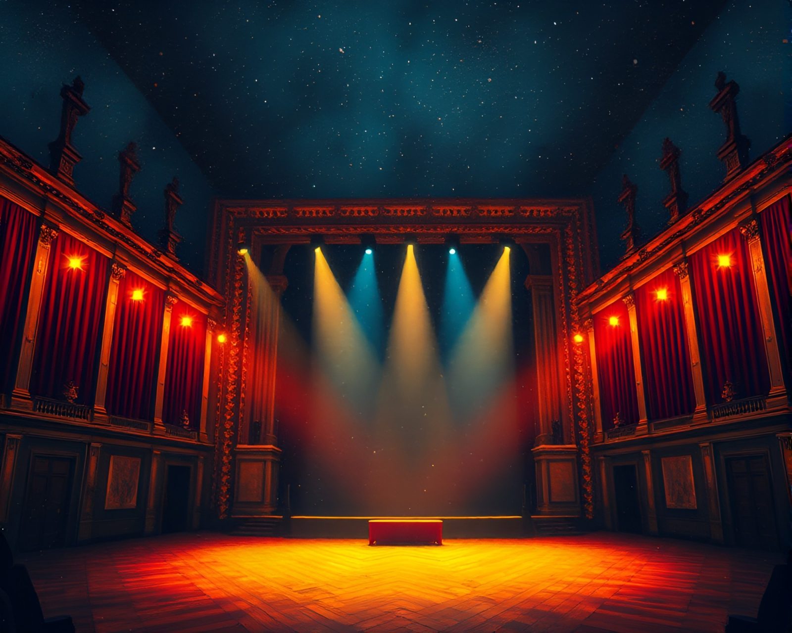 Futuristic scene on stage with time traveler and unusual lighting