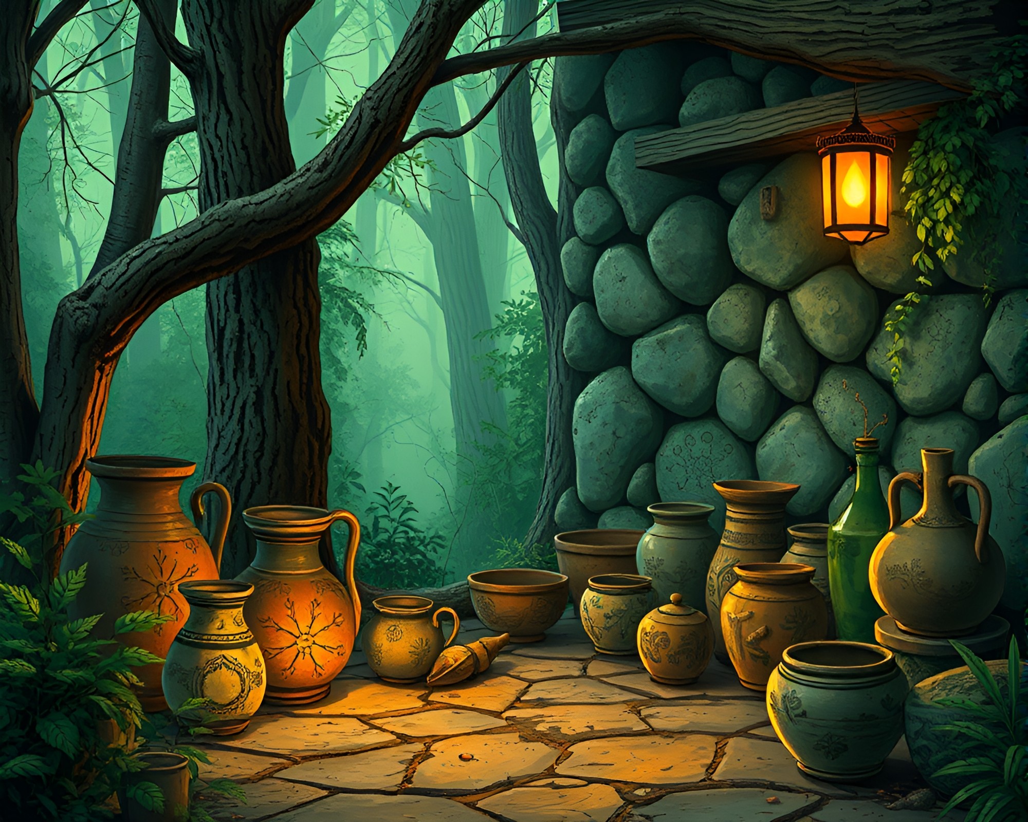 Enchanted Forest with Cyberpunk Pottery and Film Burns – free AI stock image