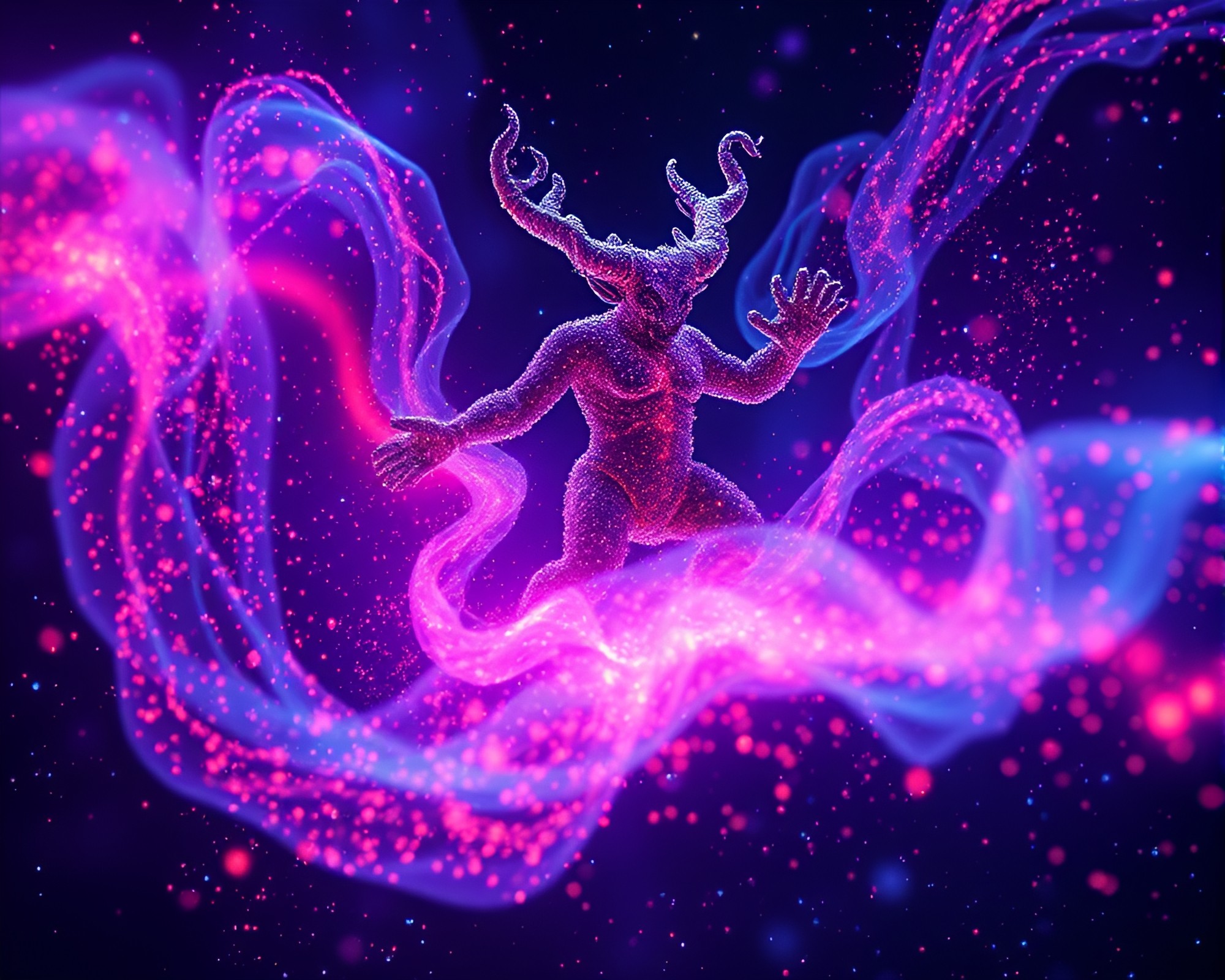 Djinn surrounded by floating galaxy particles – free AI stock image