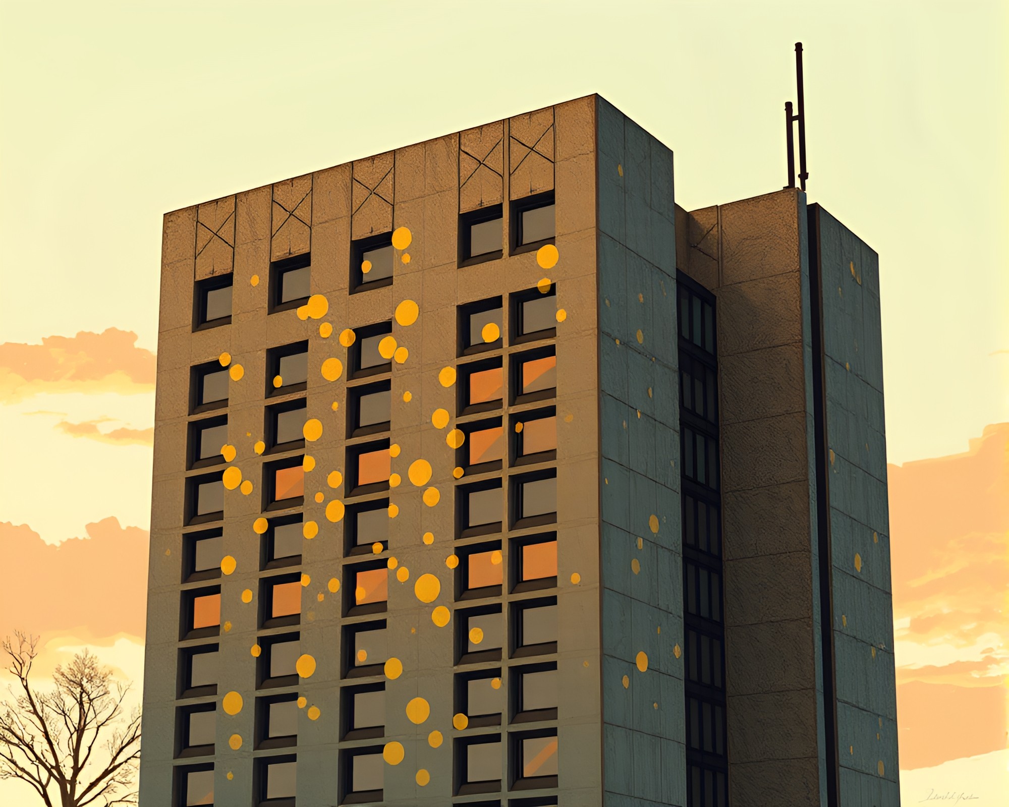 Brutalist building adorned with fashionable mildew illustrations – free AI stock image