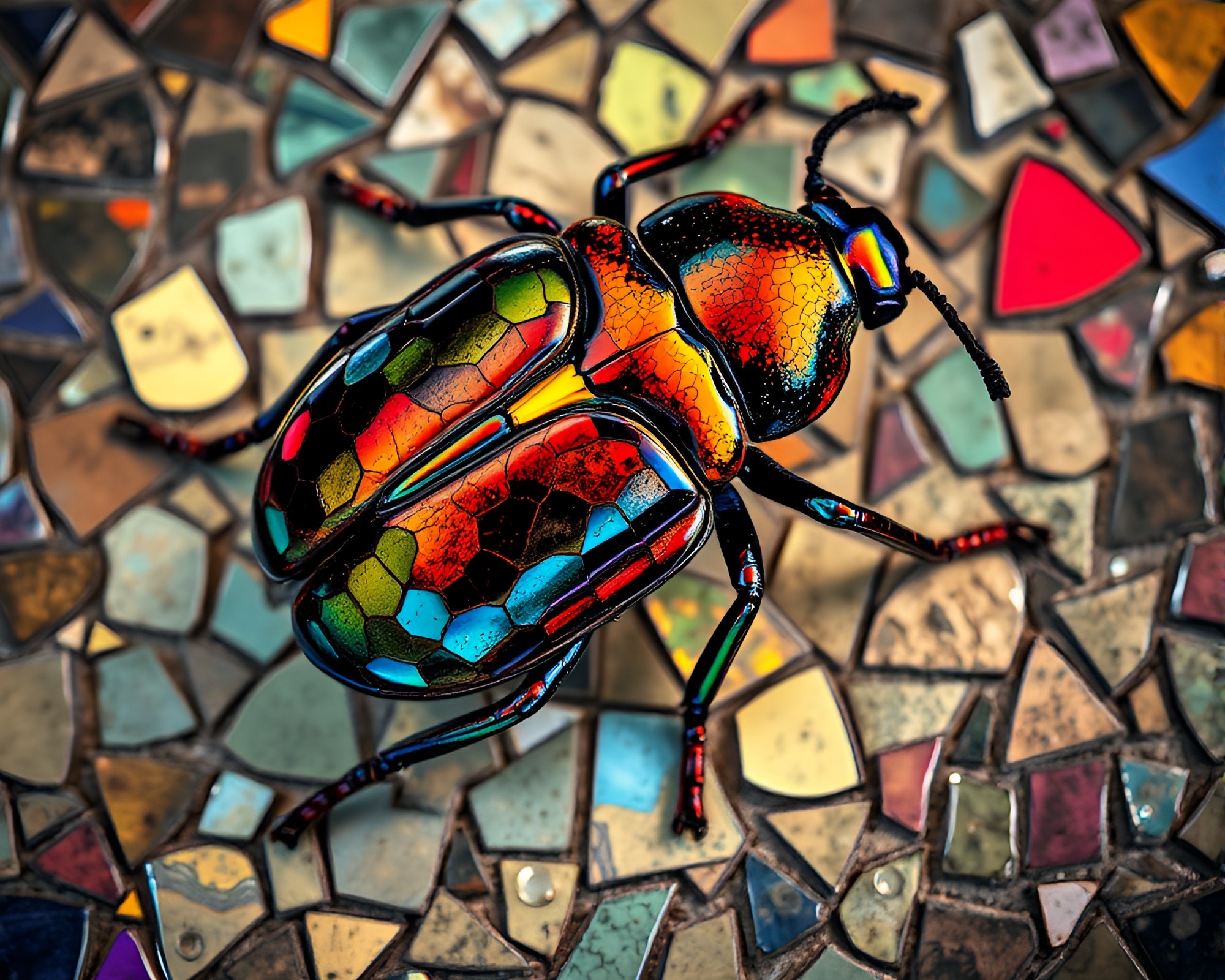 Shattered Beetle Mosaic Under Triadic Light – free AI stock image