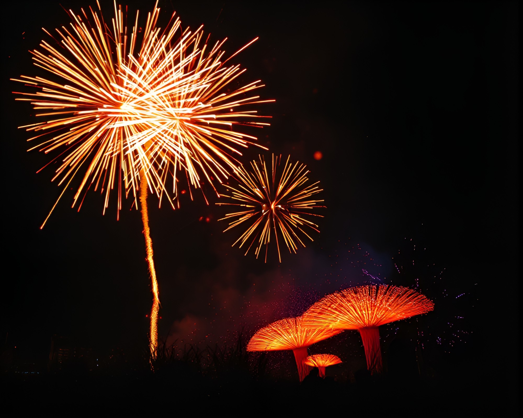 Bioluminescent fireworks display in split-tone screening art – free AI stock image