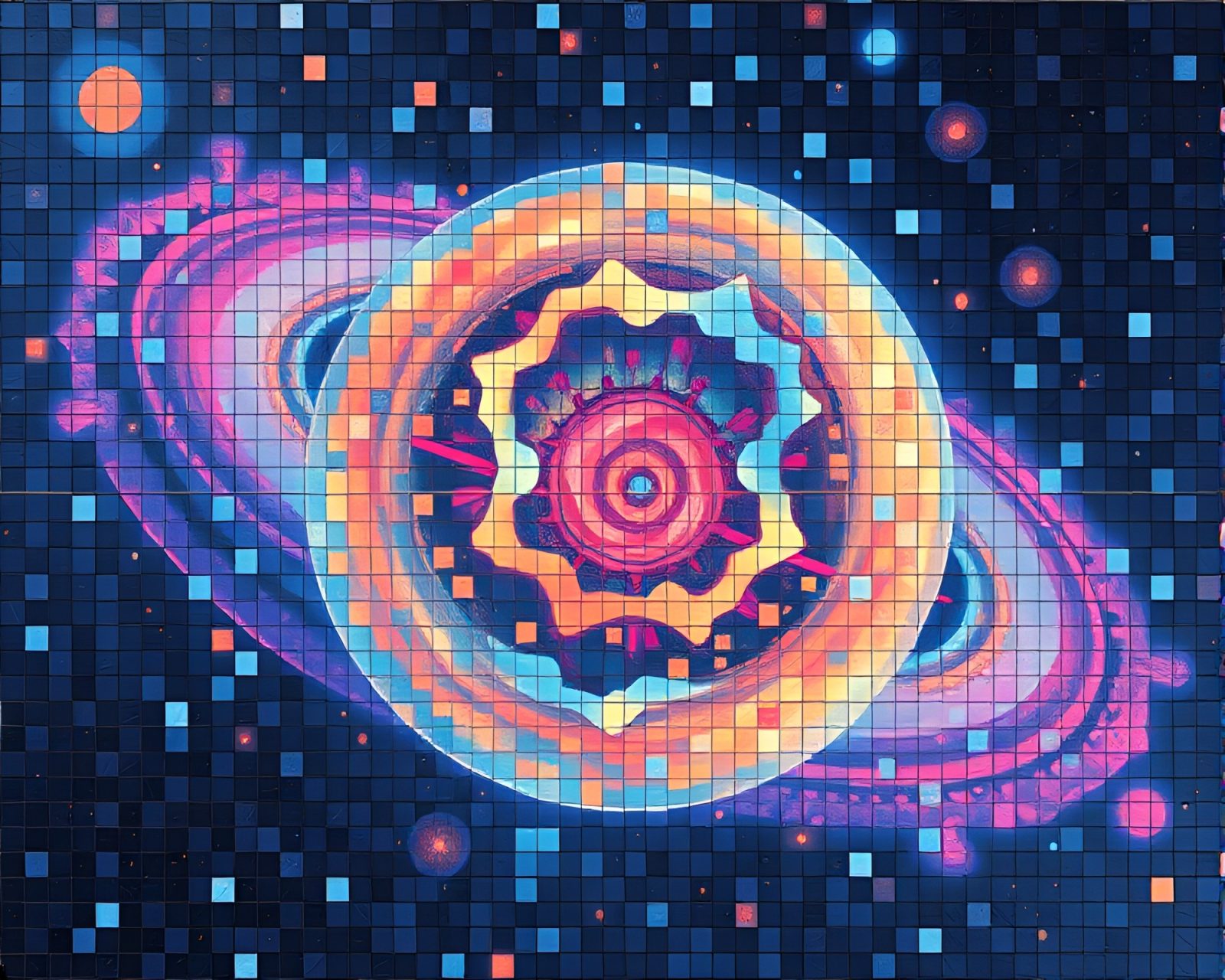 Concept art of tiled mosaic with quantum computer in pastel colors