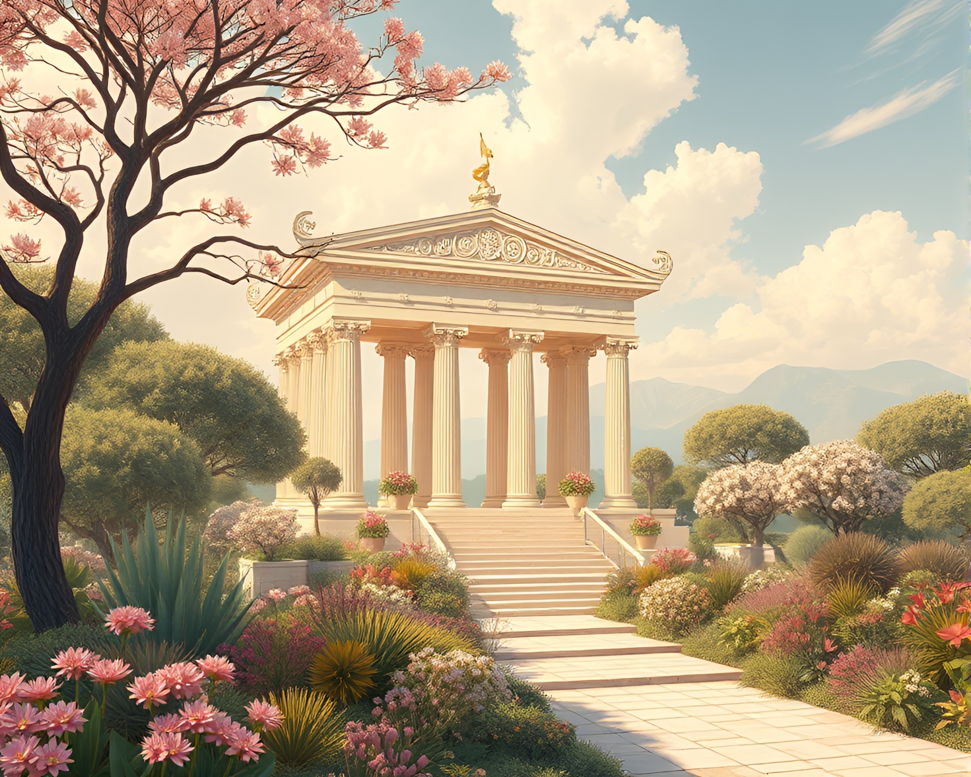 Botanical Temple: Serene Panoramic View – free AI stock image