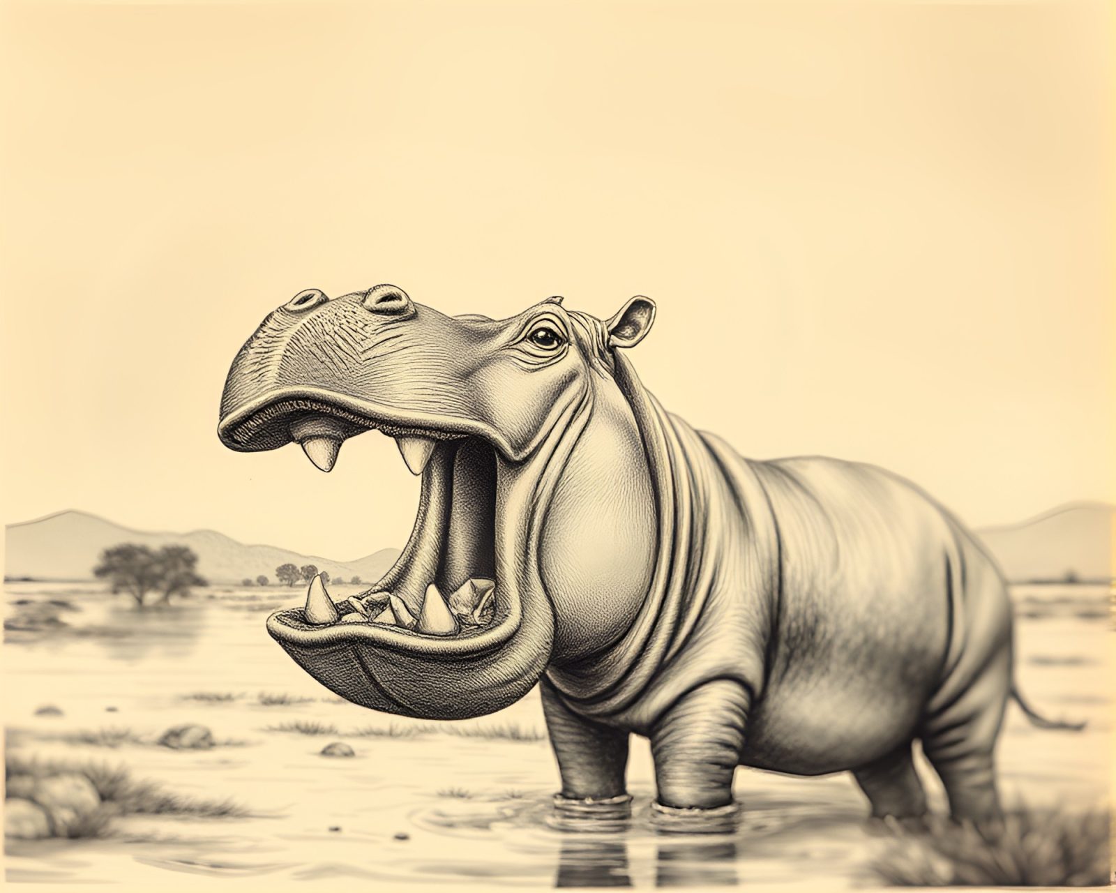 Hippopotamus in surreal etched landscape with lens distortion