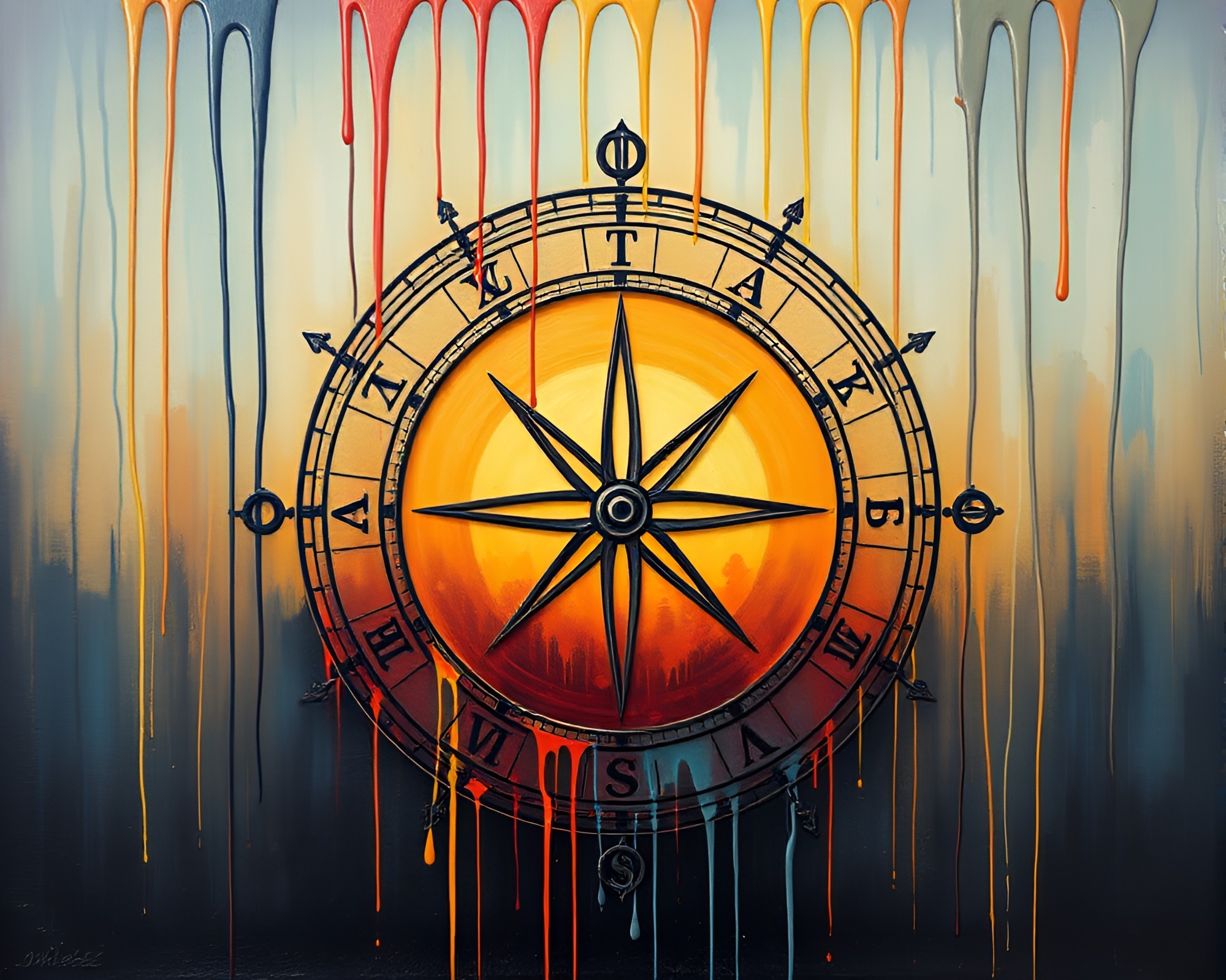 Pocket Sundial Acrylic Painting with Earth Tone Paint Drips – free AI stock image