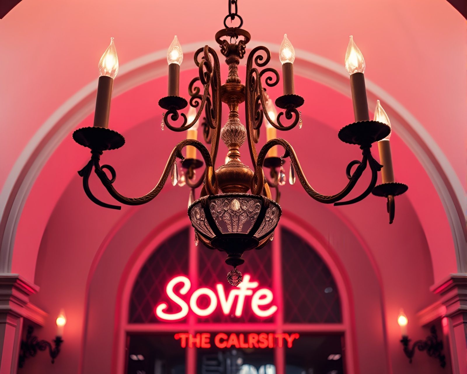Gothic chandelier in neon snow-kissed light against dark backdrop