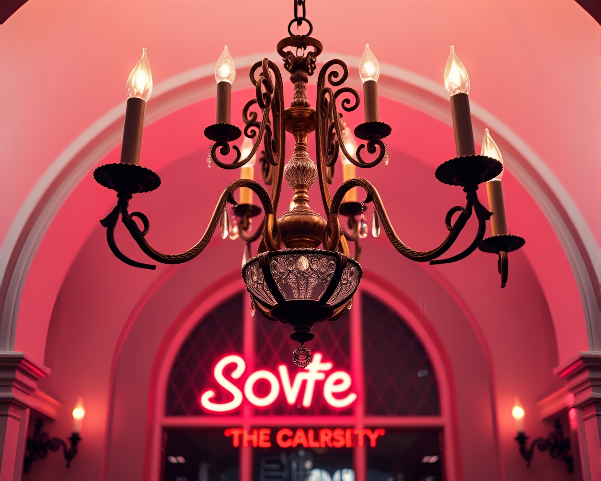 Gothic Chandelier Illuminated by Neon Snow-Kissed Light – free AI stock image