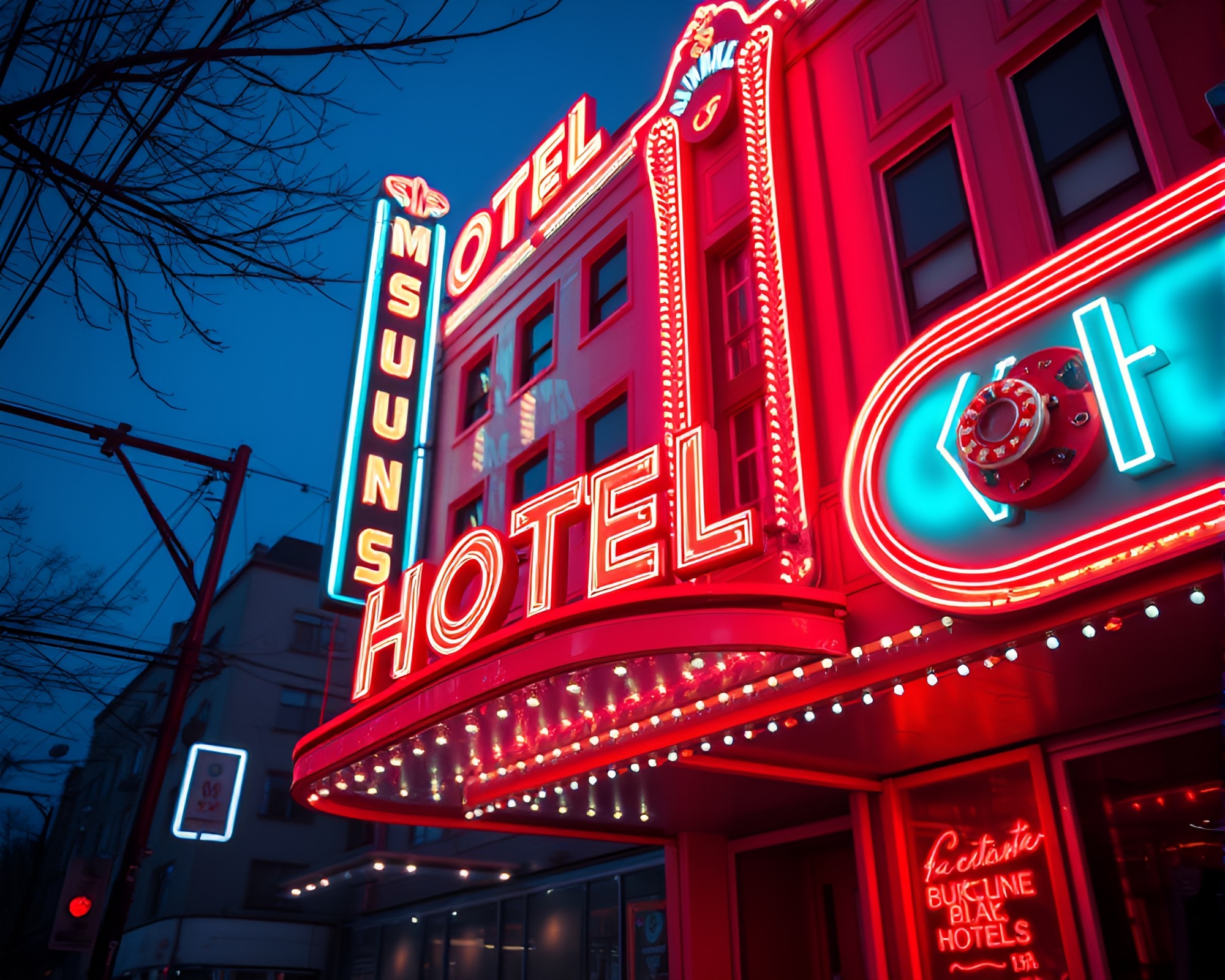 Neon Art Deco Hotel – HDR Mix Media – free AI stock image