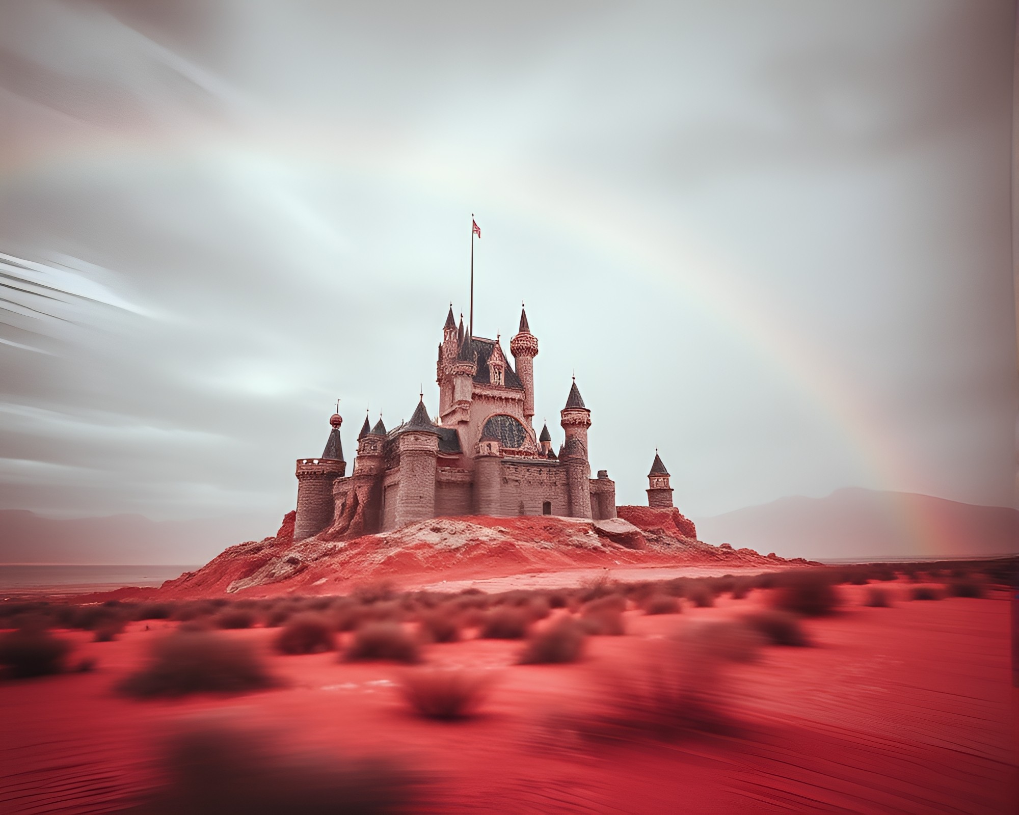 Ethereal Deserted Castle in Monochrome Red Oil Slick Rainbow – free AI stock image