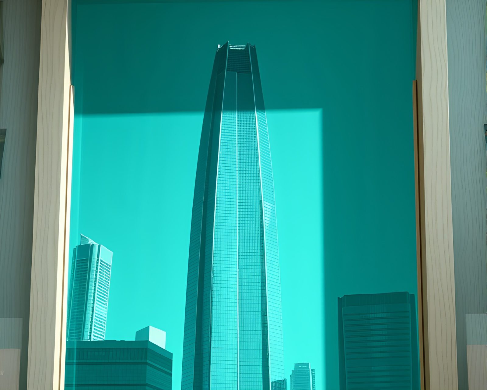Teal sky, skyscraper framed naturally with engraved details.