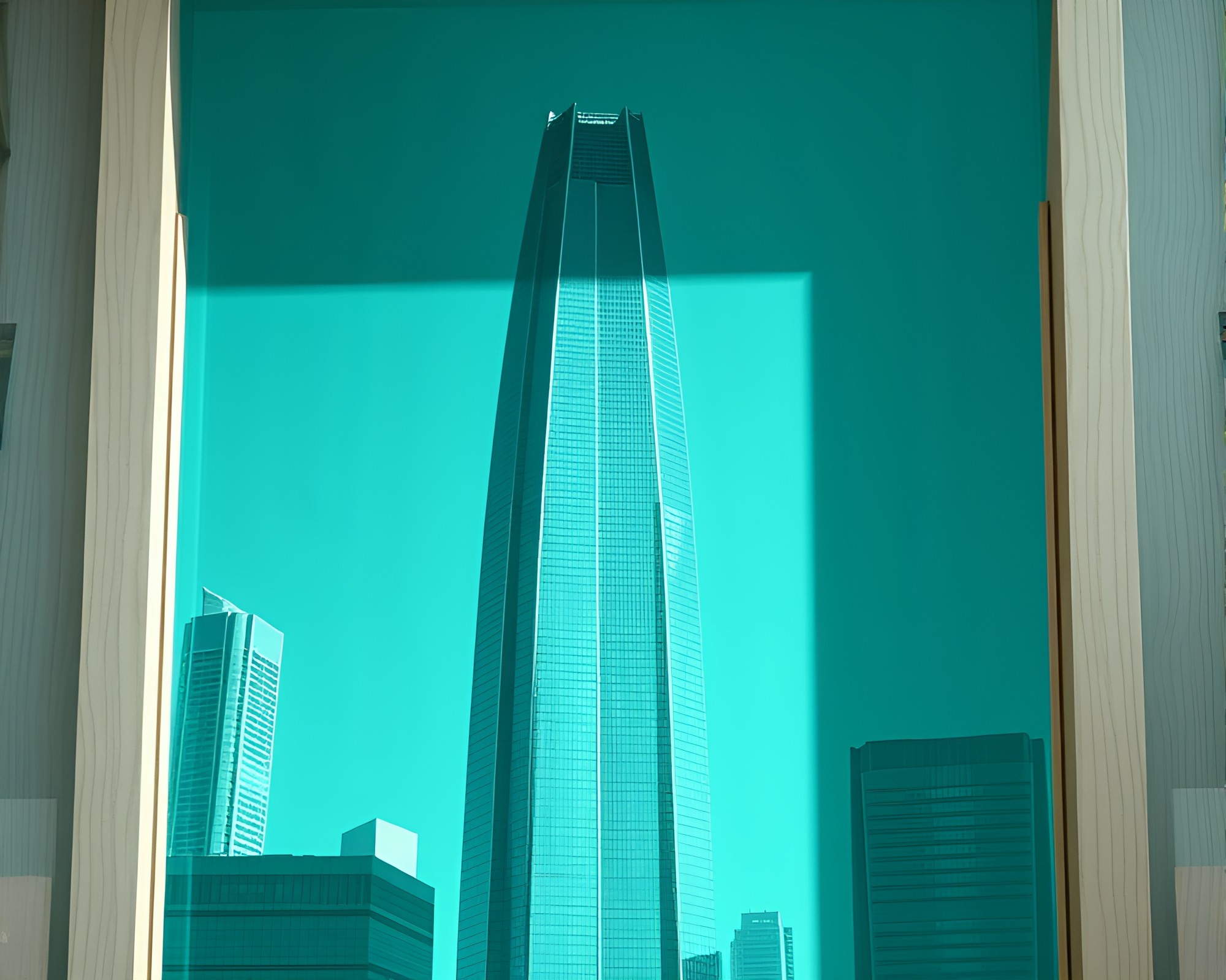 Teal Skyscraper Engraved in Natural Frame – free AI stock image