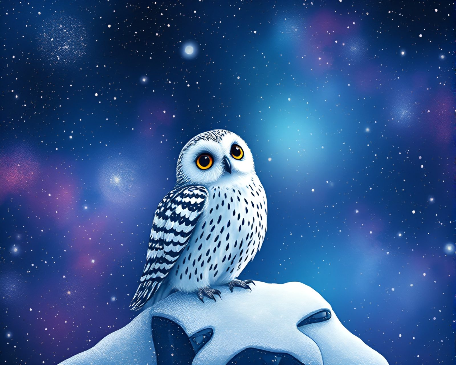 Children's book-style illustration of a snowy owl amid cosmic colors
