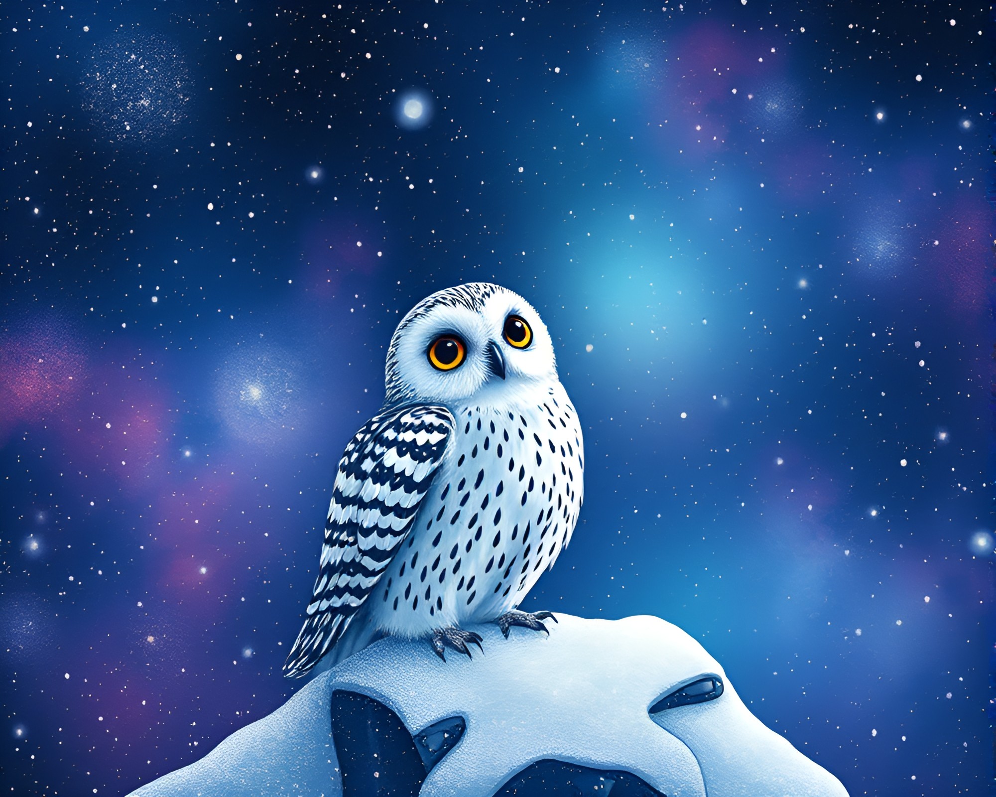 Halftone Grid Snowy Owl in Cosmic Nebula Hues – free AI stock image