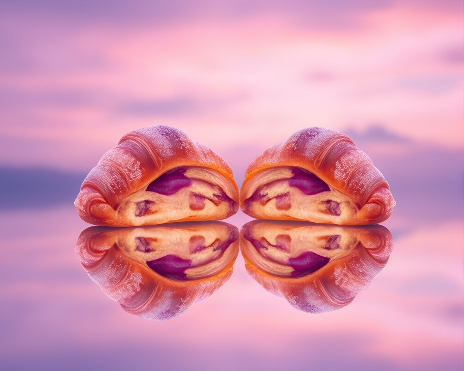 Ethereal croissant reflected twice in modern lavender twilight setting