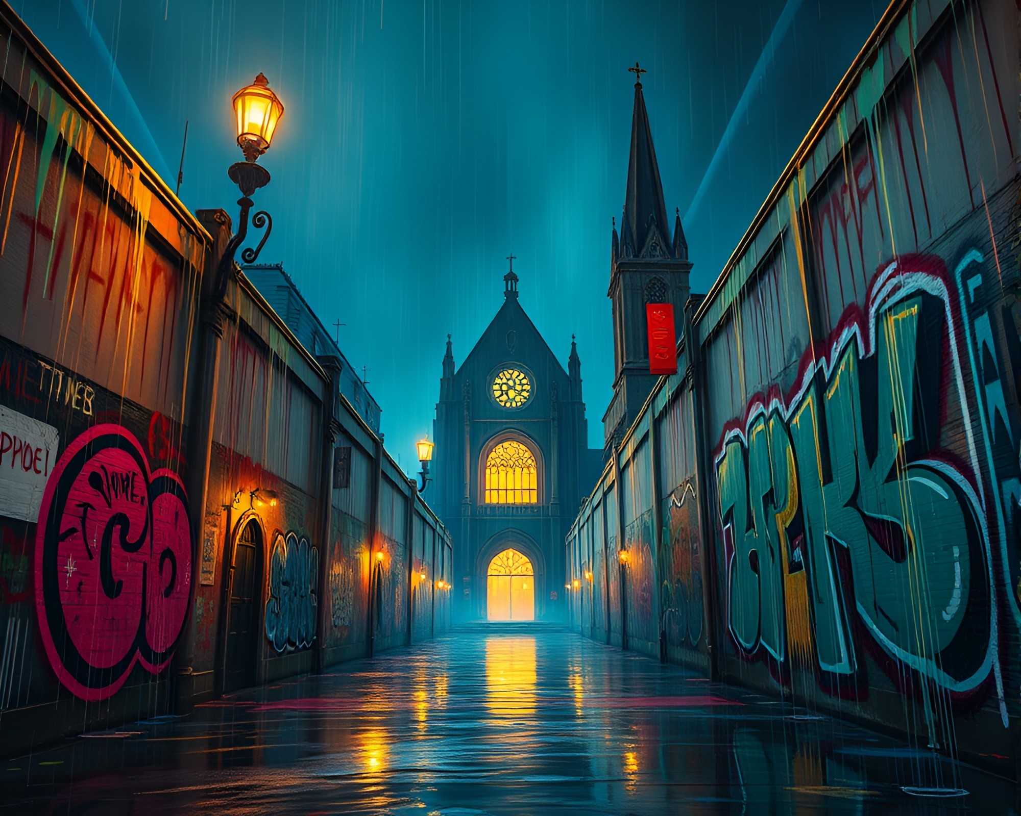 Quantum Graffiti Illuminated by Church Candlelight – free AI stock image