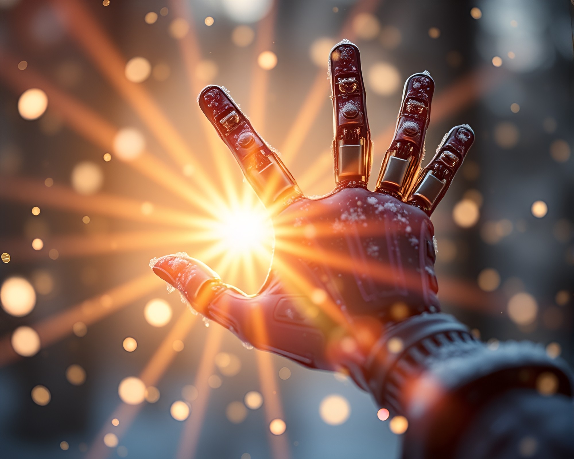 Futuristic Cybernetic Hand Grasping Snowflake in Sunbeam – free AI stock image