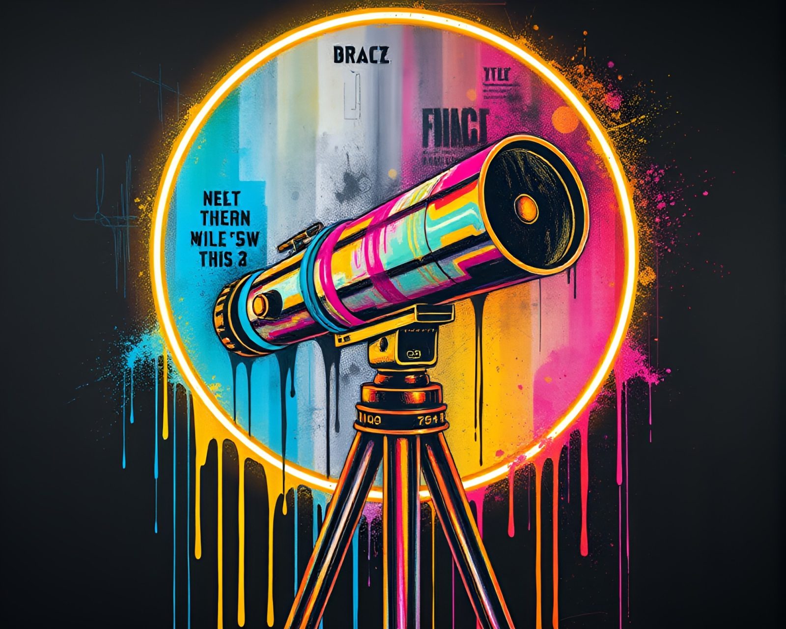 Glowing pastel neon swirls around a vintage brass telescope