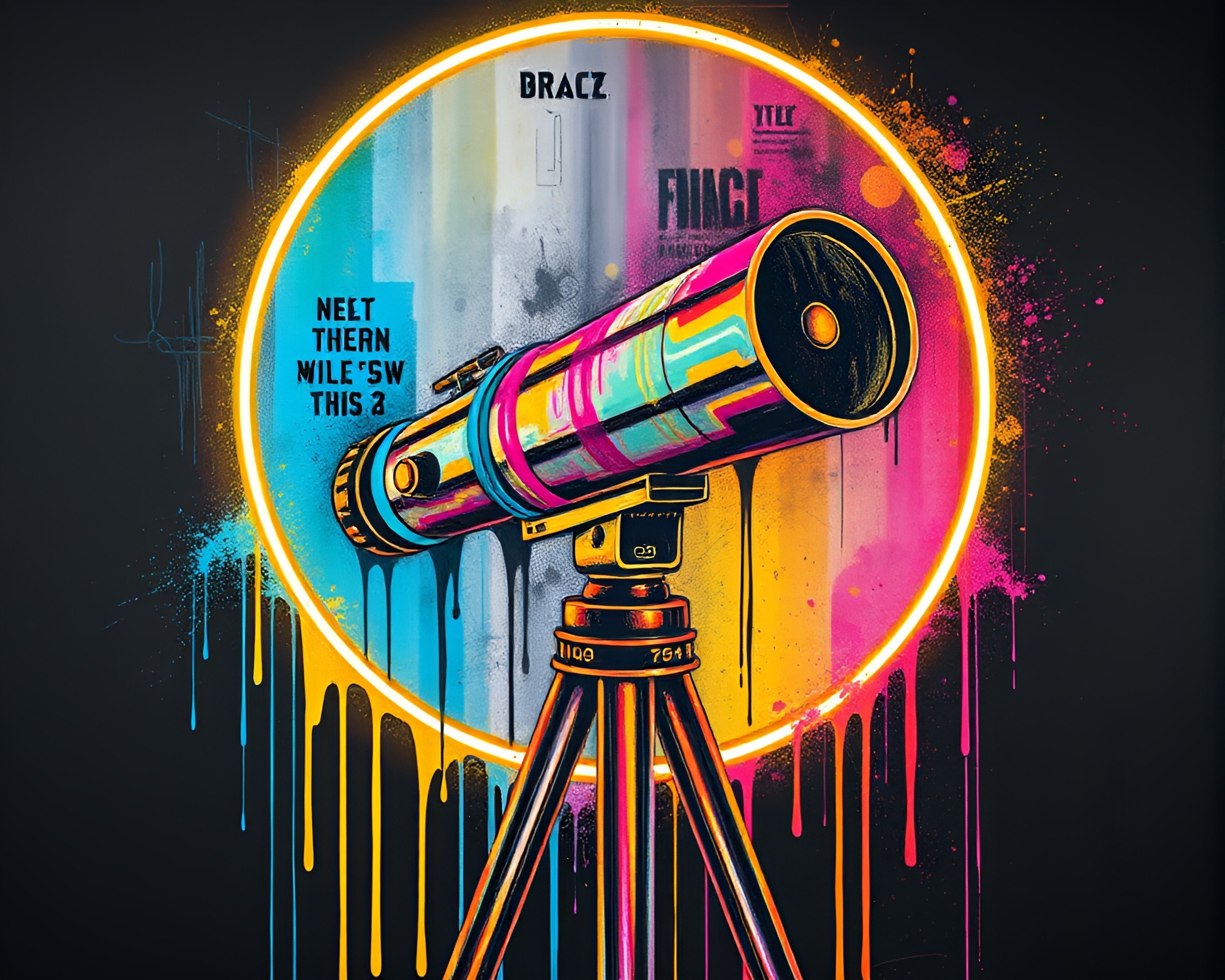 Enigmatic Brass Telescope amidst Neon Spray Paint Drips – free AI stock image