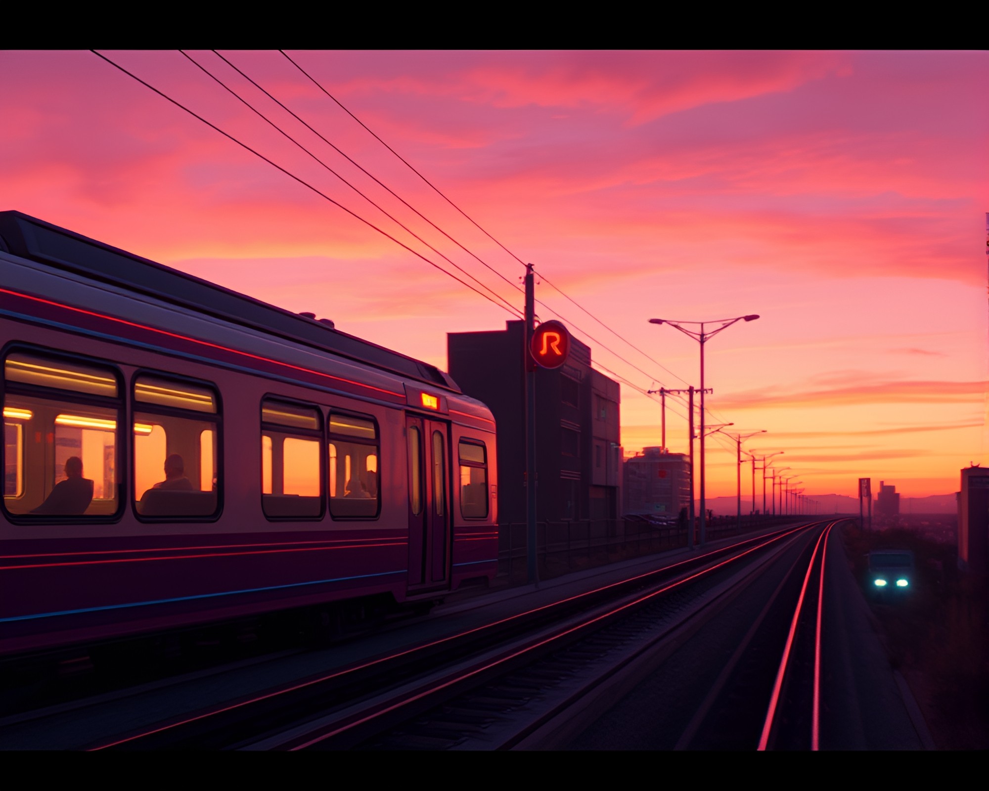 Retrowave Monorail at Golden Dusk – free AI stock image