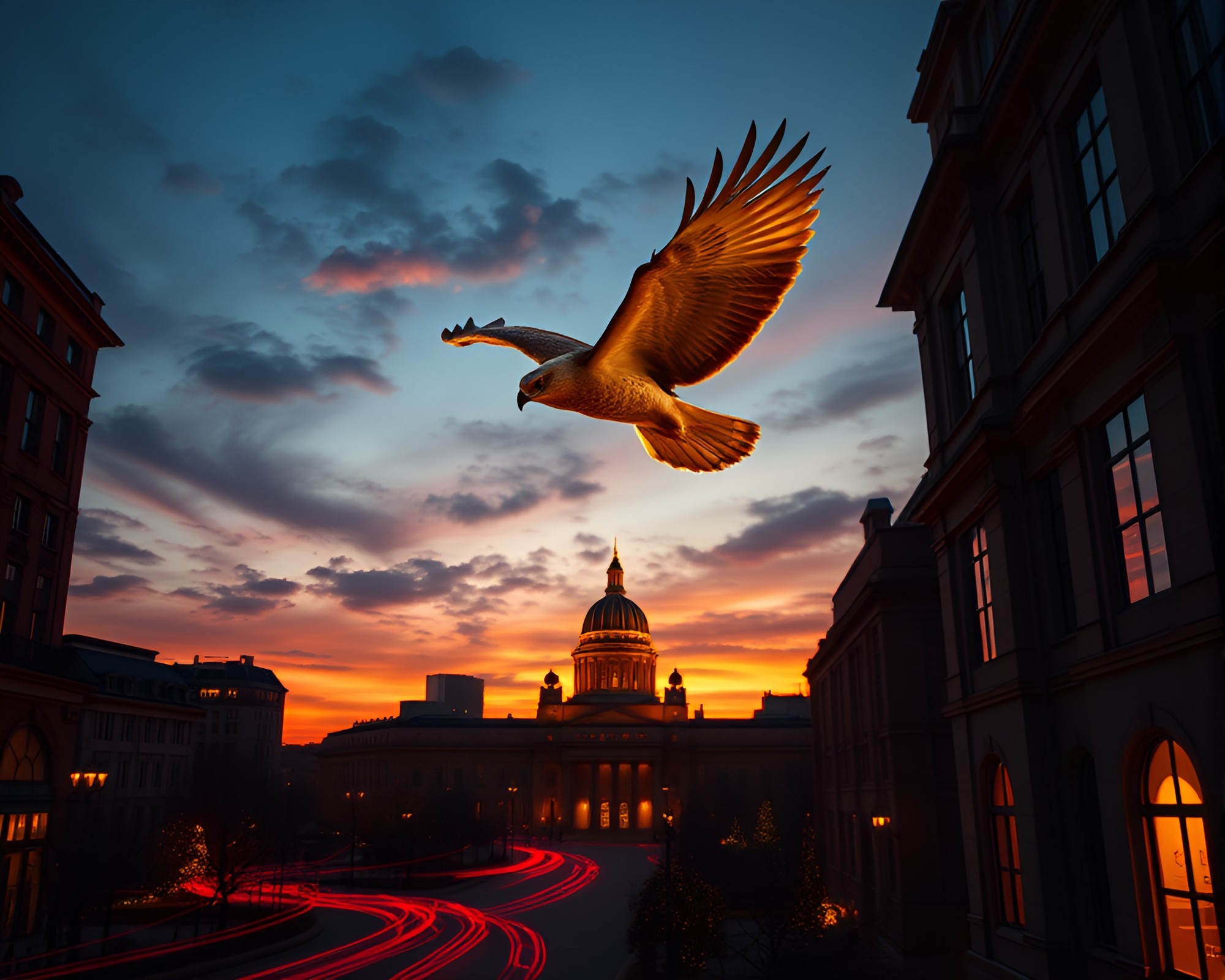 Falcon soaring through warm sunset light trails – free AI stock image