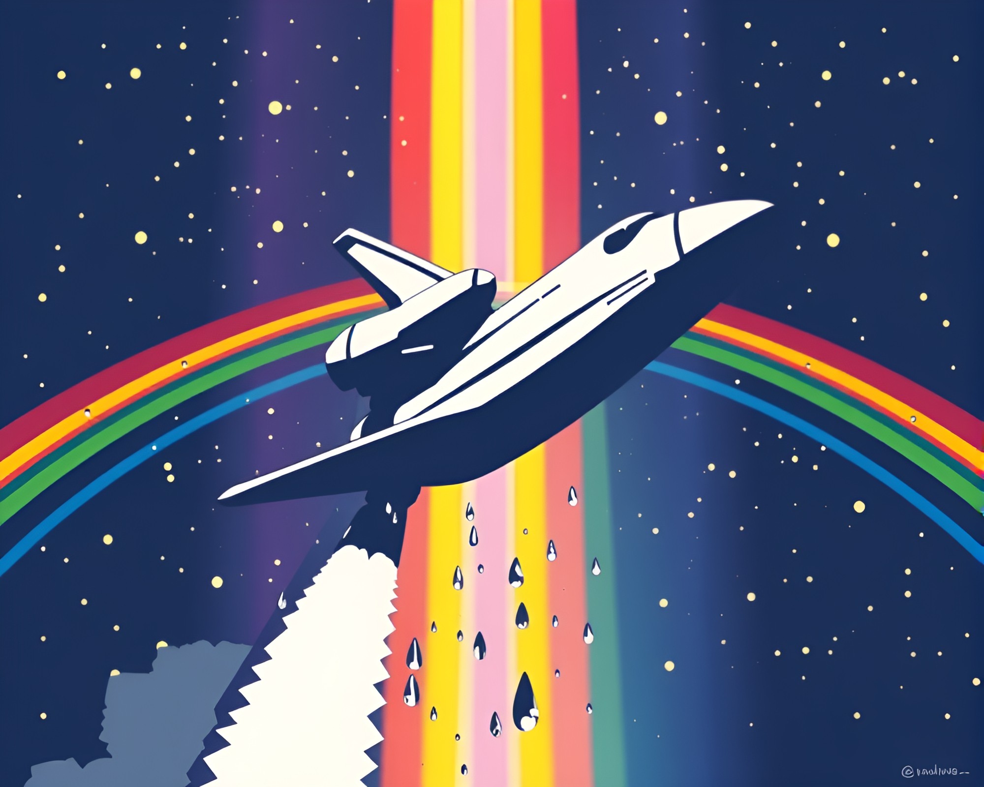 Cosmic Rainbow Space Shuttle with Water Droplets Stencil Art – free AI stock image
