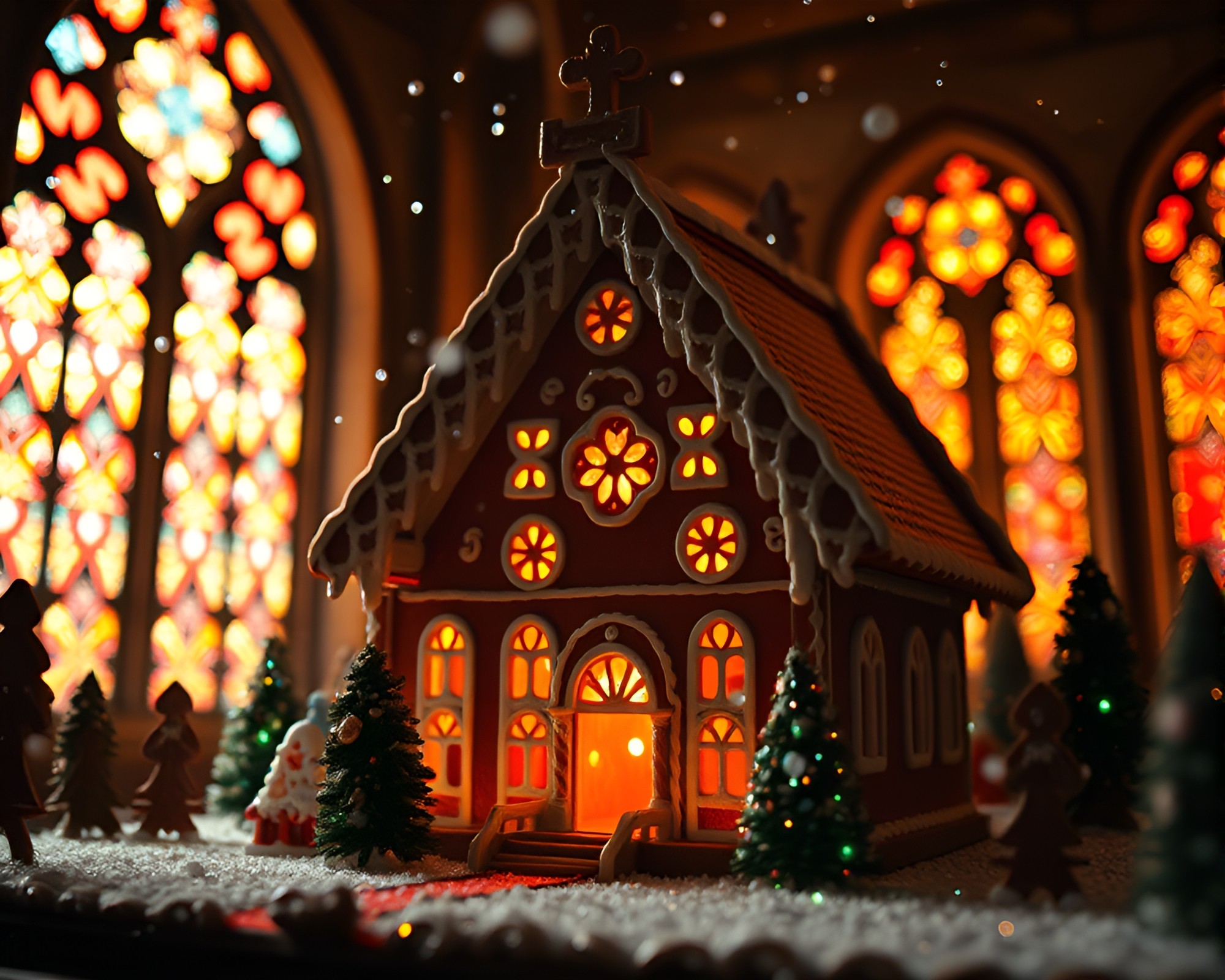 Gingerbread Cathedral Bathed in Stained Light Film Noir Scene – free AI stock image