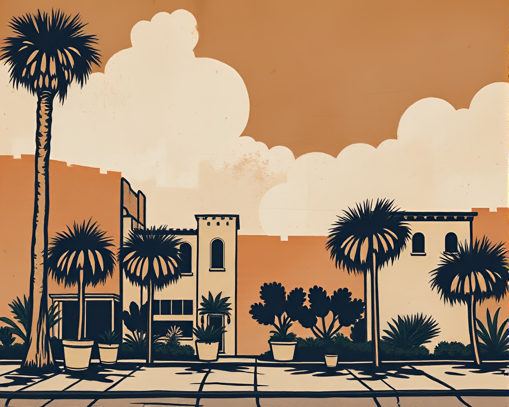 Majestic Savannah Sunrise Woodblock Mural – free AI stock image