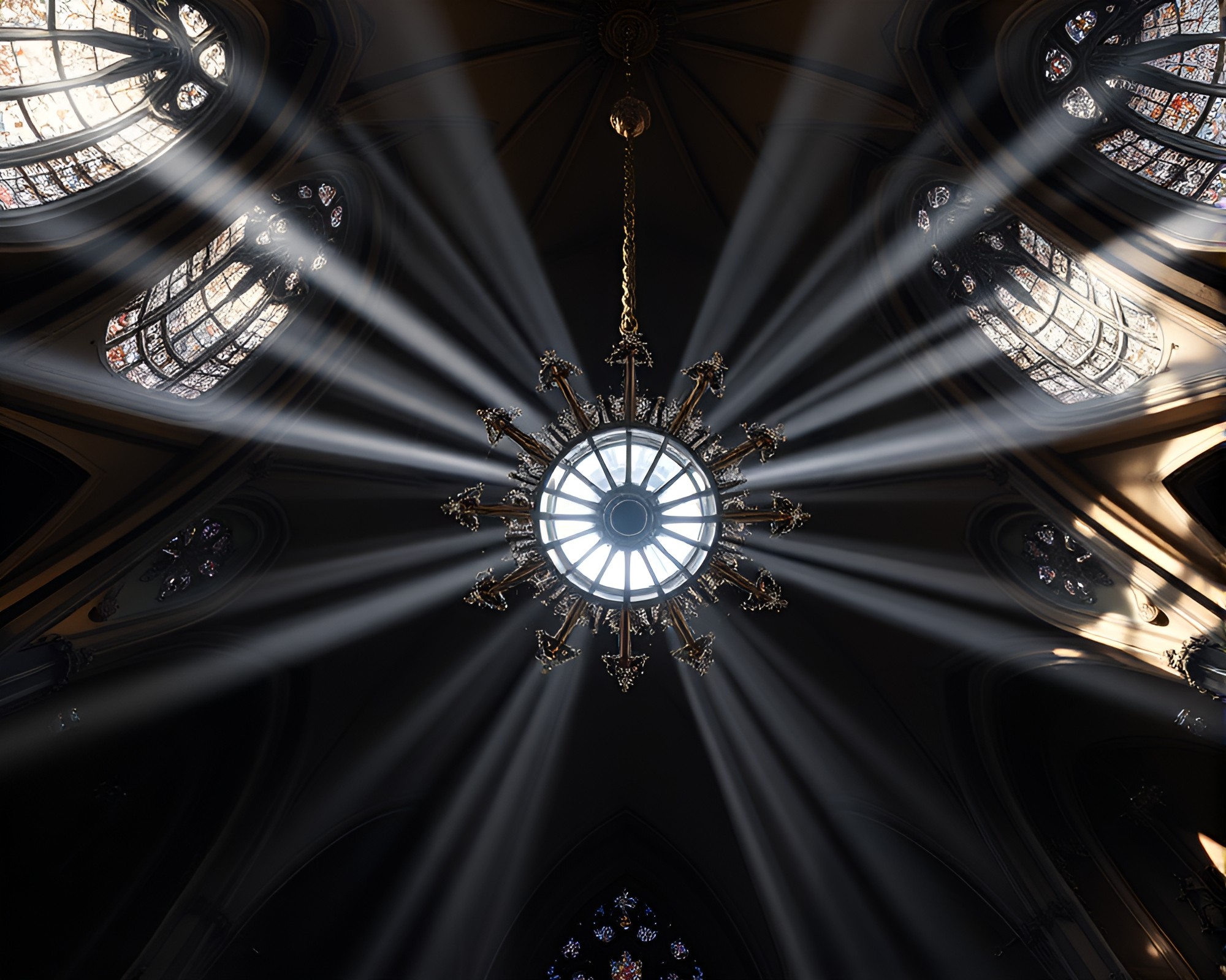 Gothic Chandelier Mirror Symmetry Sunbeam Rays Soft Focus – free AI stock image
