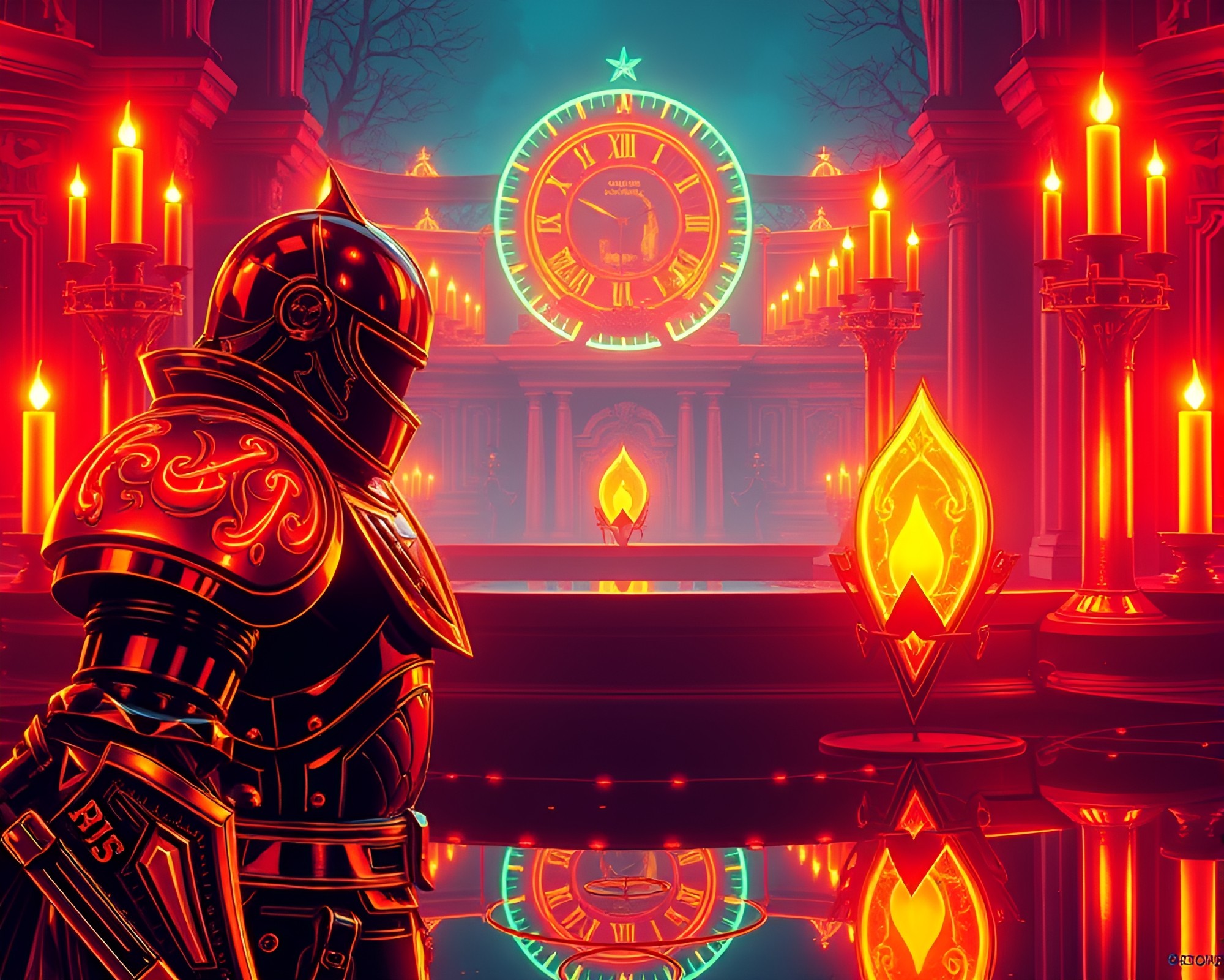 Glowing Knight: Neon Armor by Candlelight – free AI stock image