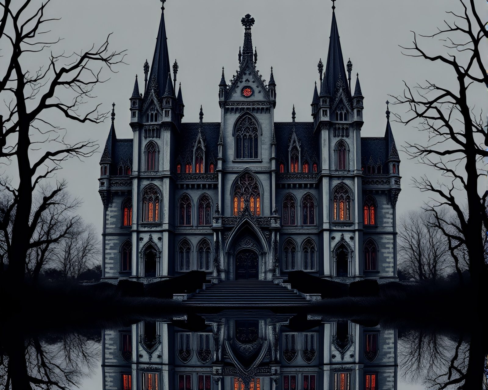 8-bit style image of a dark mansion reflecting in mirror shard