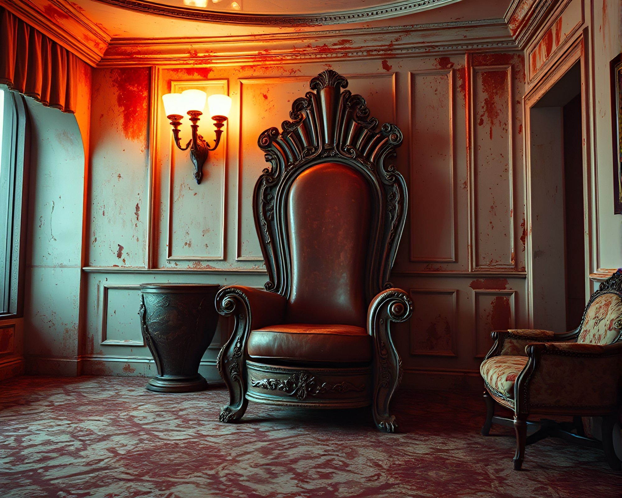 Deco Throne Room with Rust Patina Glow – free AI stock image