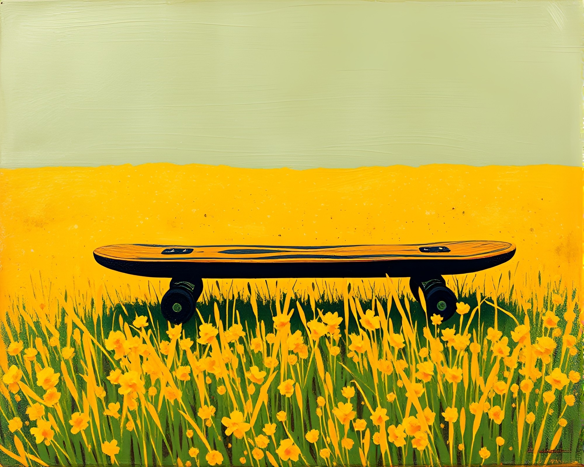 Golden Hoverboard in Mustard Yellow Color Field Painting – free AI stock image