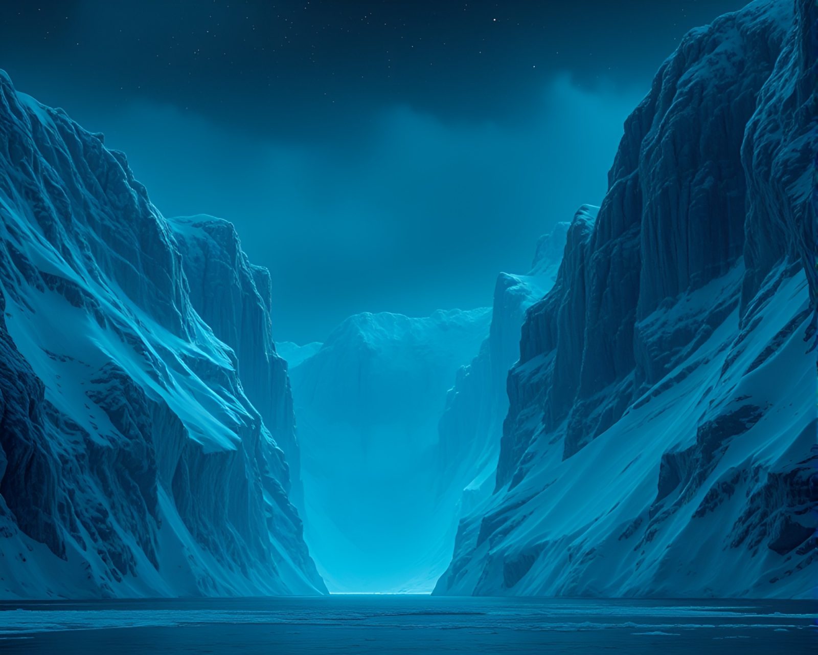 Futuristic canyon in blizzard, with digital scan lines.