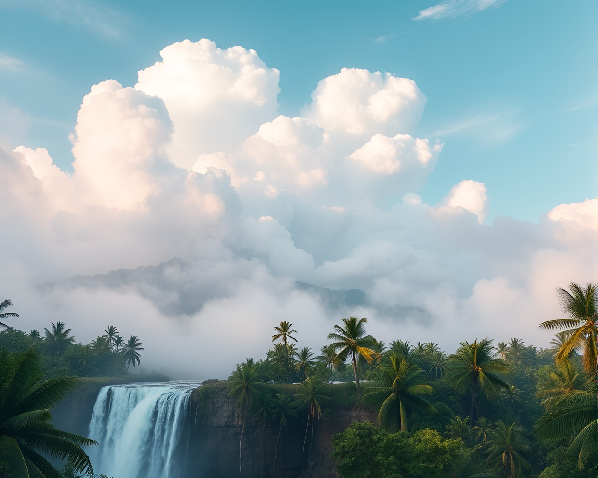 Tropical Utopia: Pastel Waterfall and Clouds – free AI stock image