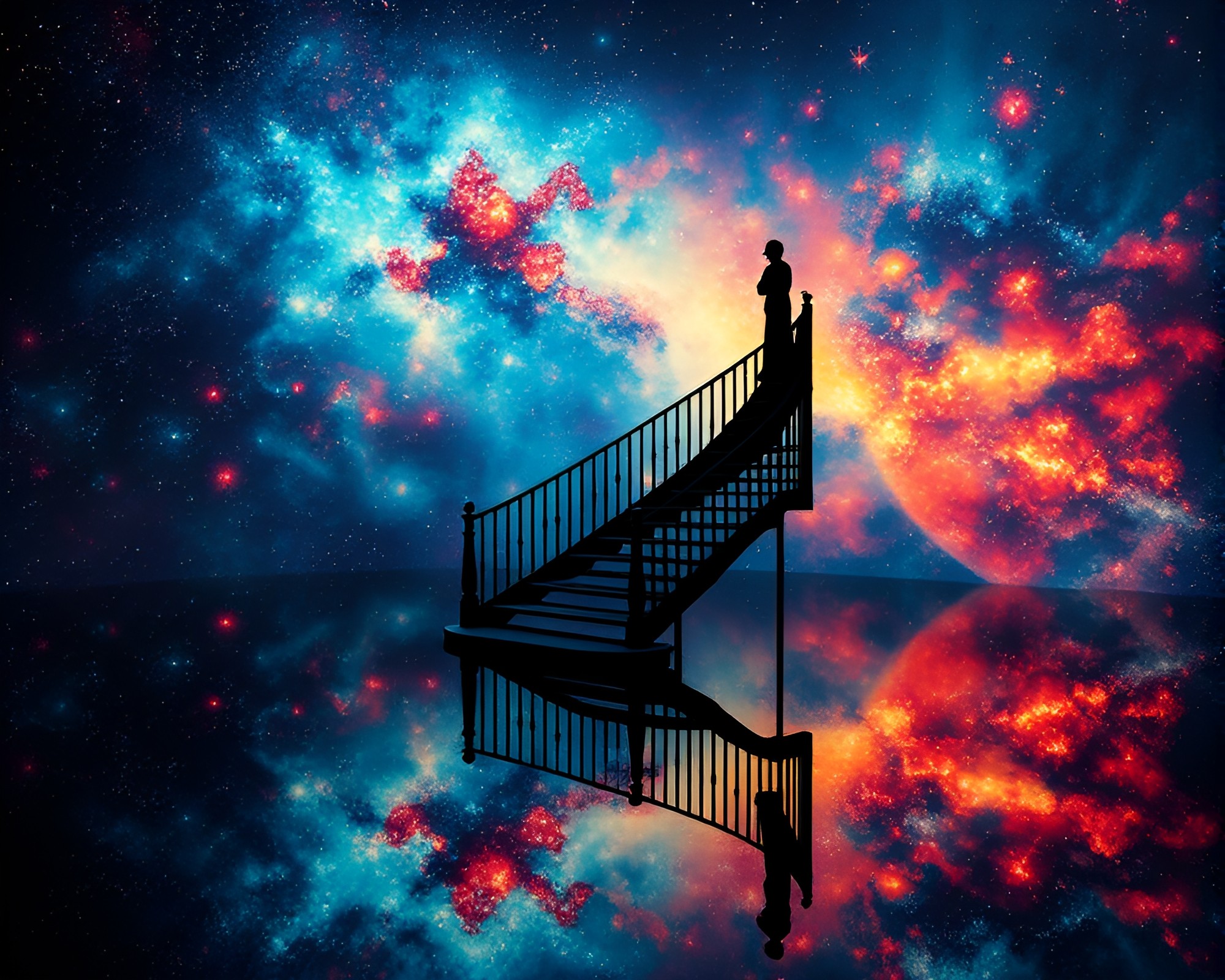 Mirrored Escher Staircase in Cosmic Nebula Silhouette – free AI stock image