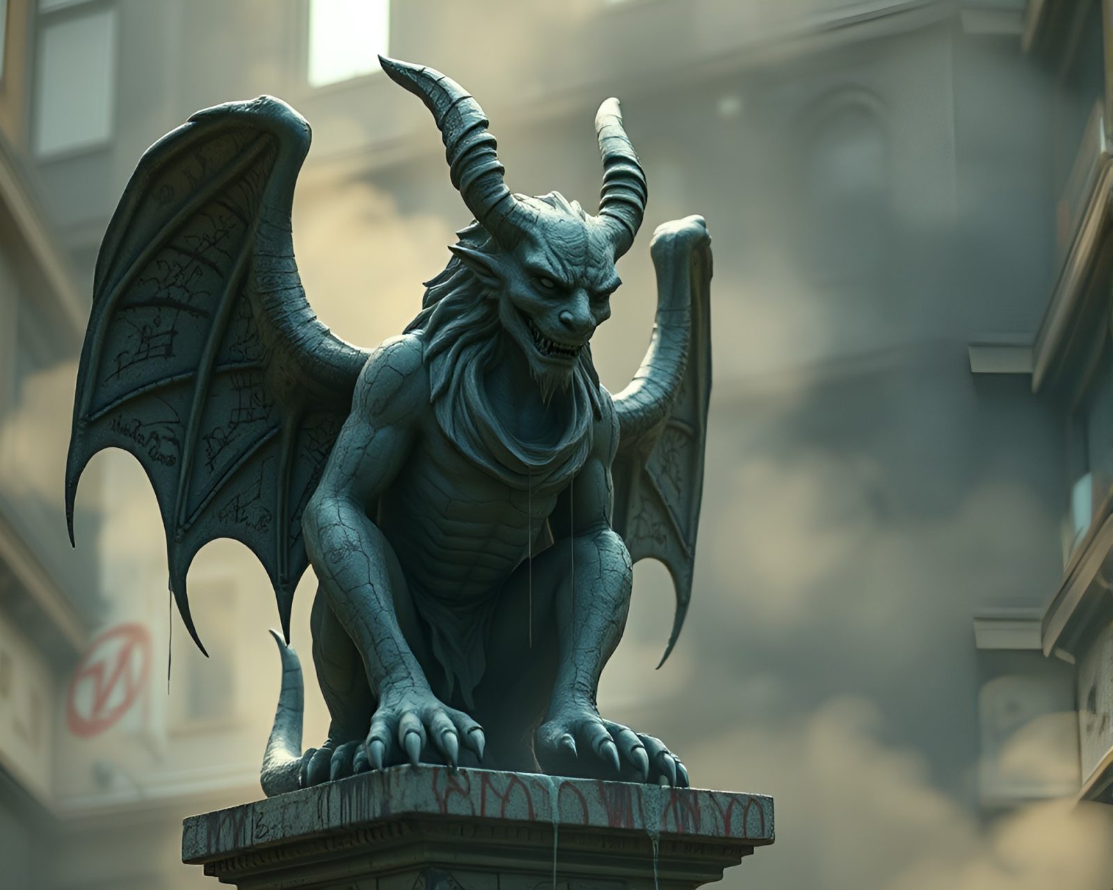Haunting gargoyle statue with cloth-like drapes in graffiti-filled setting