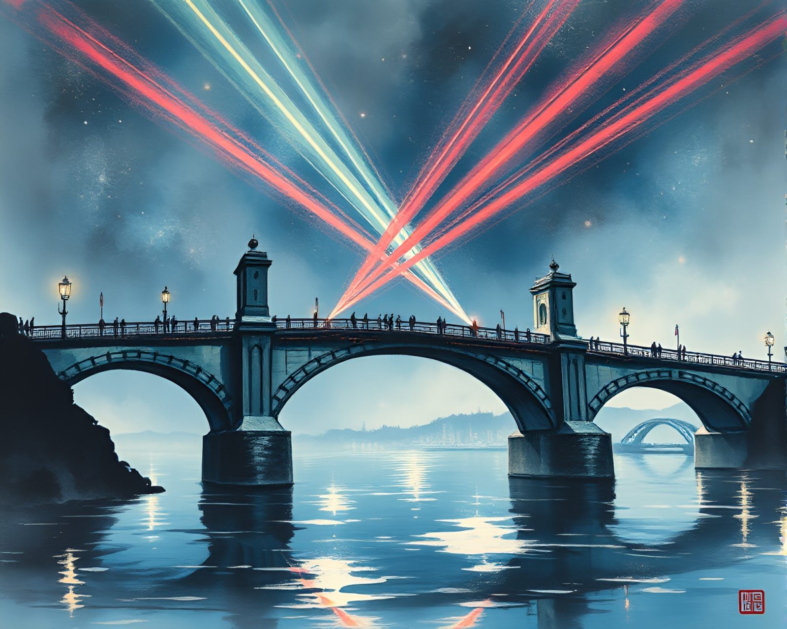Abstract digital art depicting a holographic bridge with laser beams